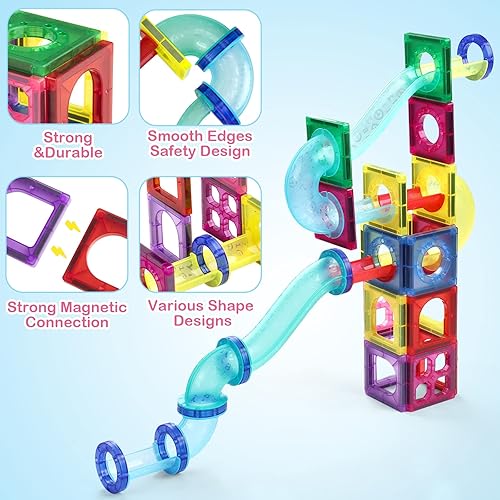 Miniatura 4 de Azulejos magnéticos Marble Run, 45 piezas de bloques de construcción magnéticos 3D de pista de carreras de mármol, juguete educativo STEAM, kit de