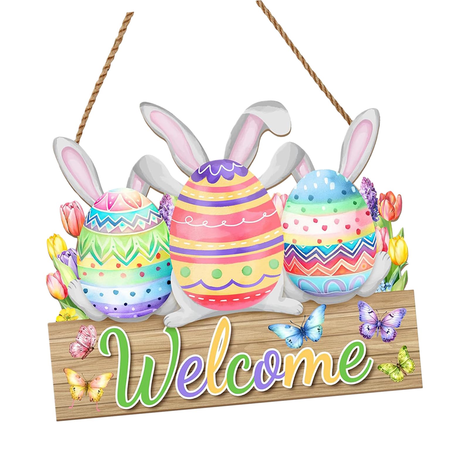 Tsophreniq Rabbits Themed Welcome Plaques Wooden Easter Spring Party Door Decoration Flowers Easy Installation Ornament Rabbits Welcome