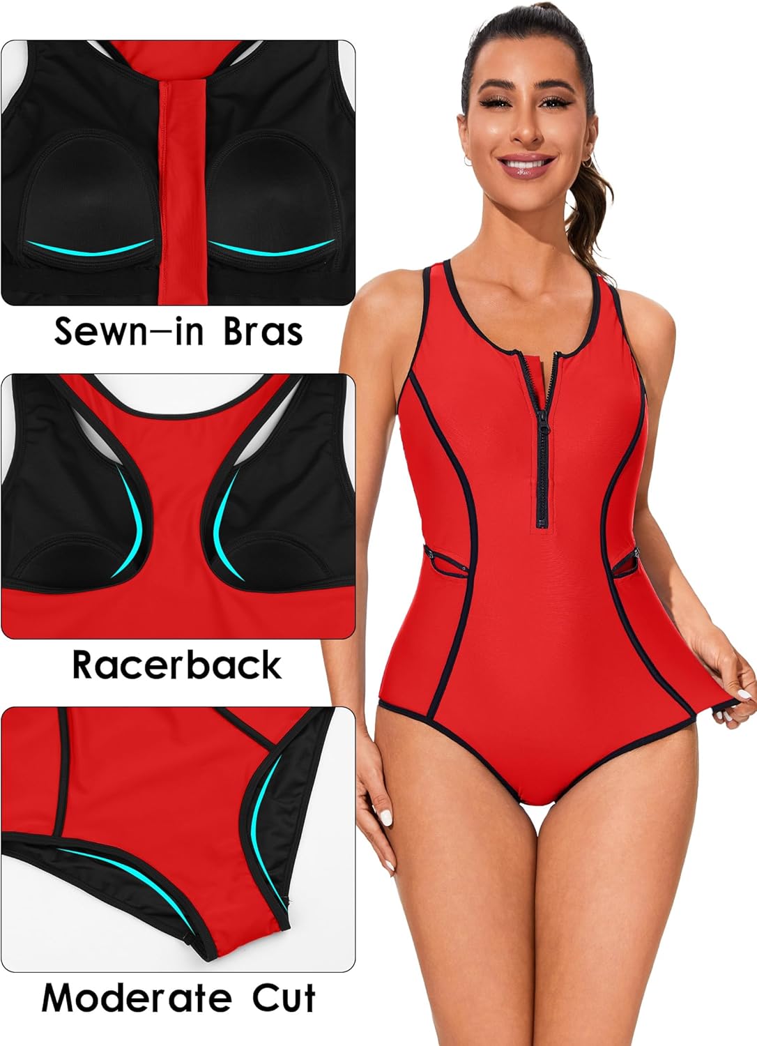 beautyin Women Zipper One Piece Swimsuit Athletic Racerback Bathing Suit with Pockets - Image 5