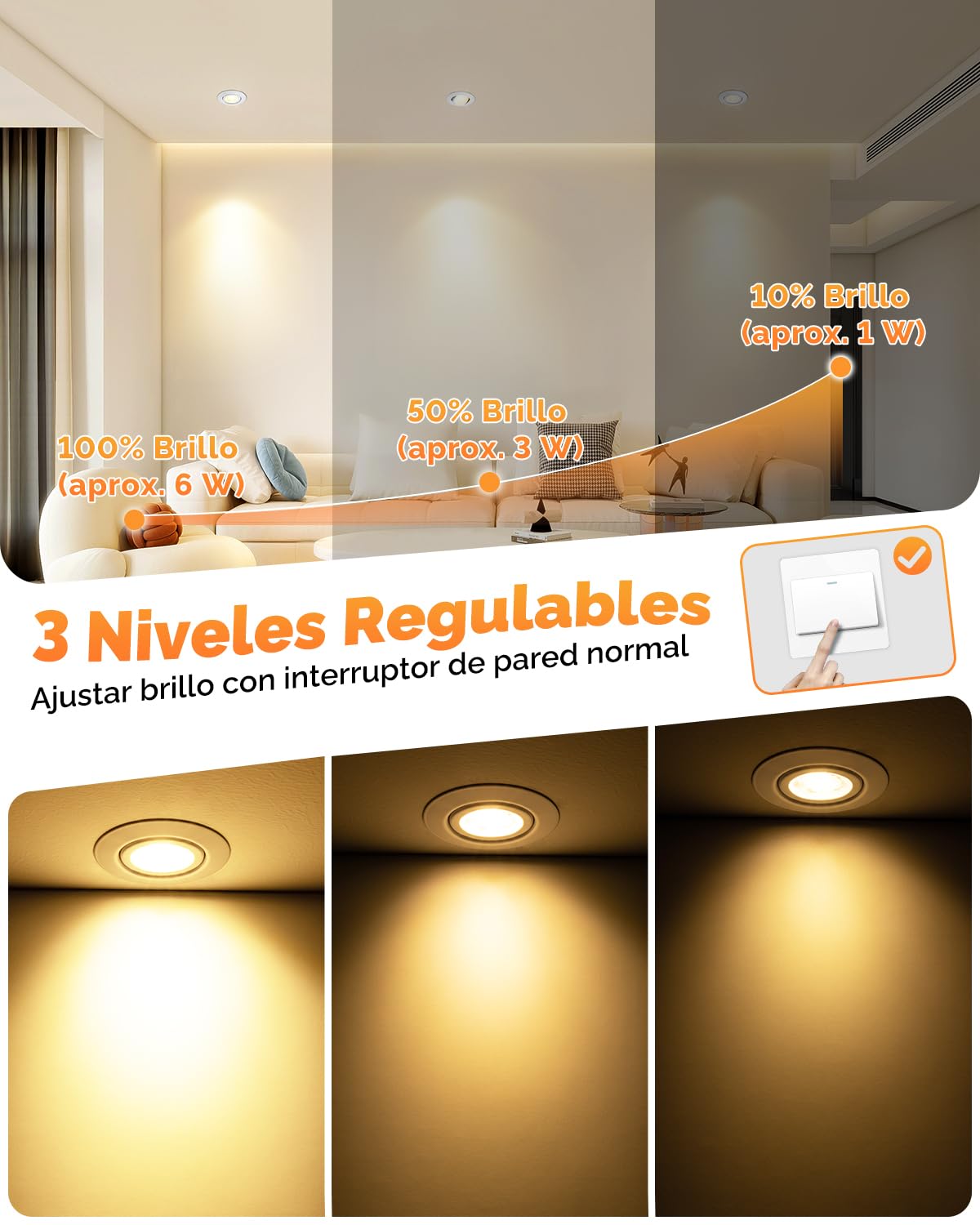 wowatt 6 Pack Focos LED Interior Techo Regulable Orientable 6W 640LM 3CCT | Luz Calida 3000K Luz Neutra 4000K Frío 6000K Downlight LED Techo Empotrable, IP44 Ojos de Buey LED para Baño, Corte 68mm-75mm