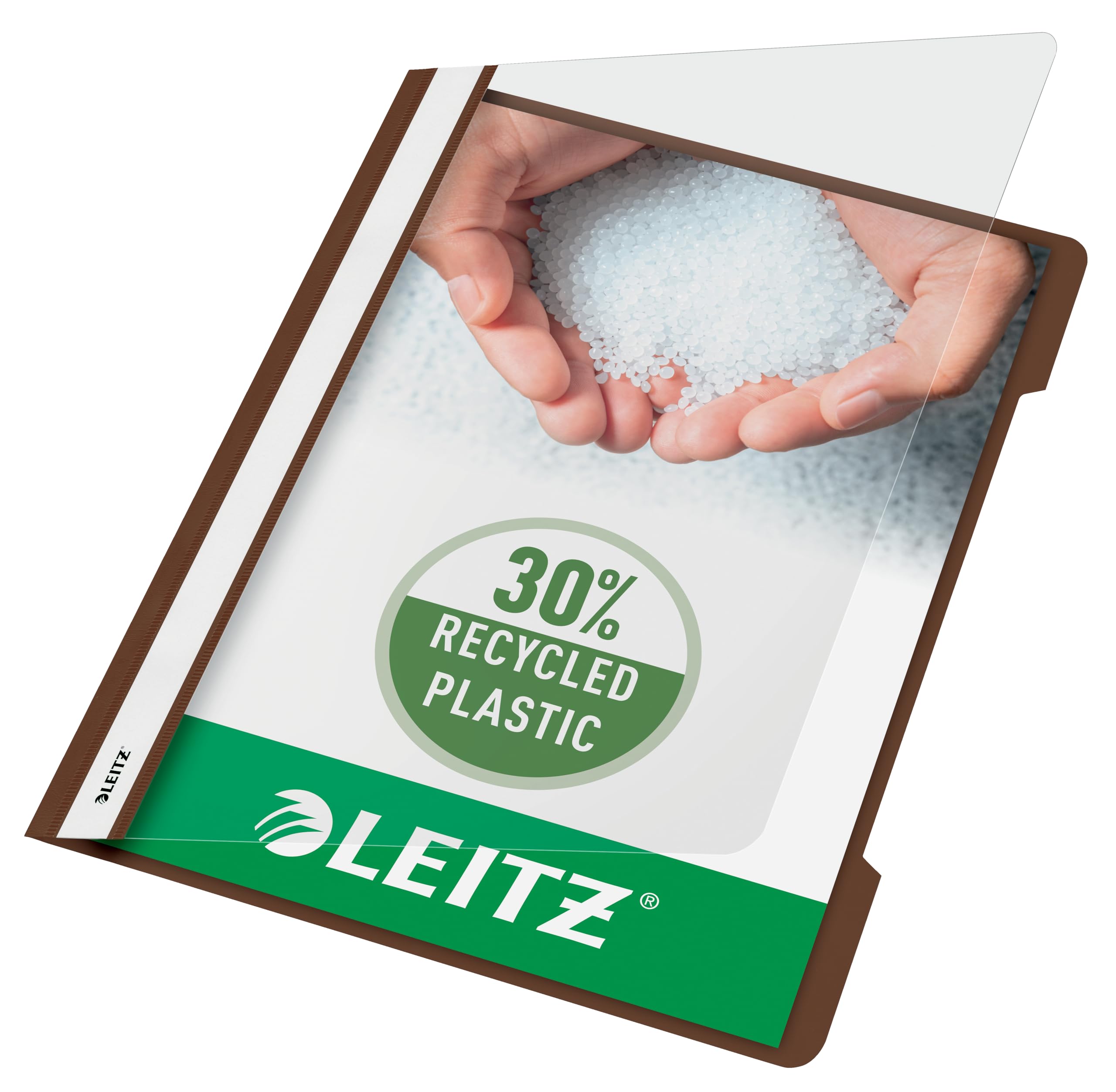 Leitz A4 Standard Schnellhefter, 25er Pack, 30% Pre-Consumer Recycling-Kunststoff, Hefter für A4-Blätter, 60 Blatt Kapazität, Ideal als Dokumententasche für Schule, Haushalt oder Büro, Braun, 41910075