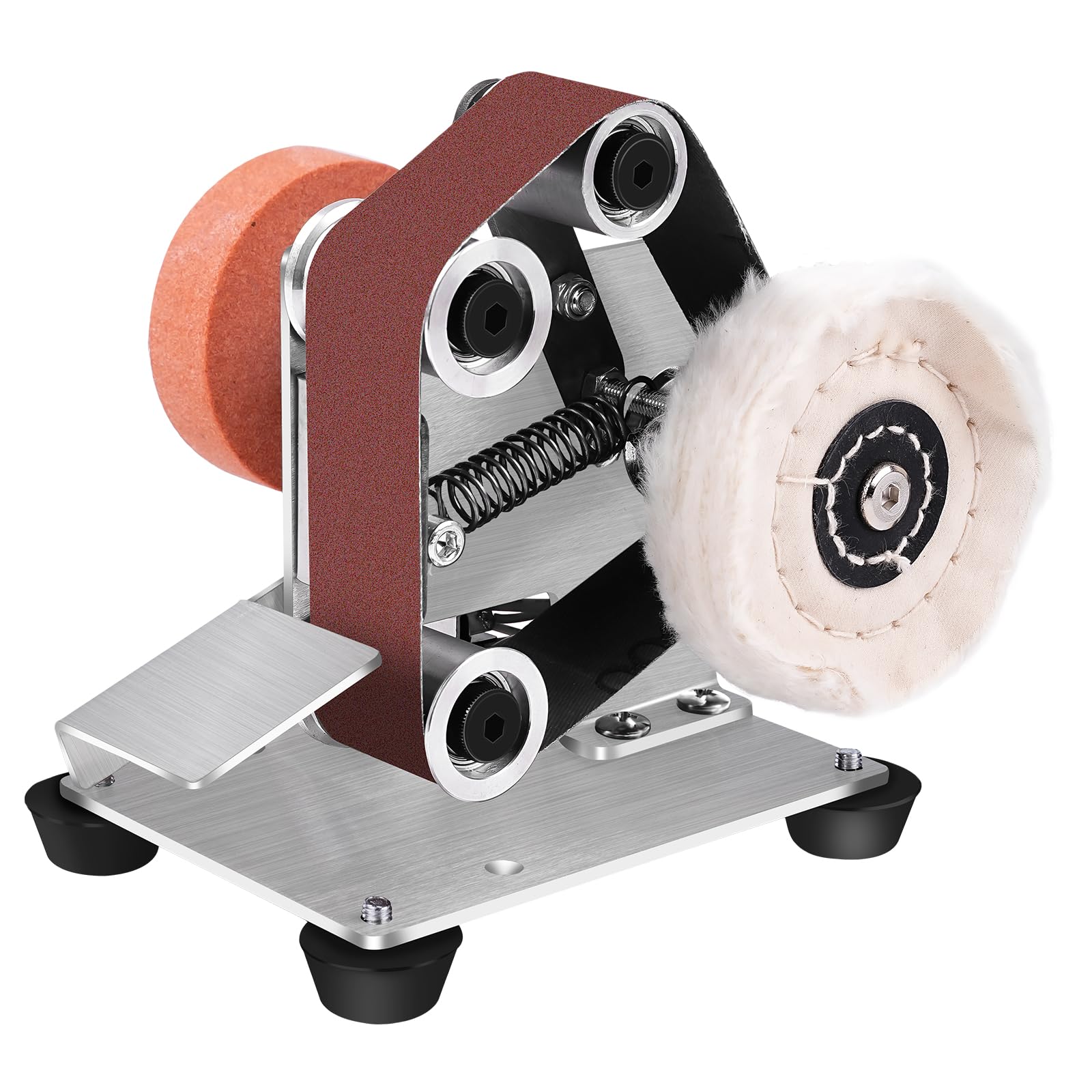 Lijadora de Banda Kit Eléctrica, Pulidora Ajustable de 7 velocidades, con 10 bandas de lijado de 330 x 30 mm (P120/320/600/800/1000), disco de amolar, disco de pulido, hoja de pulido y broca