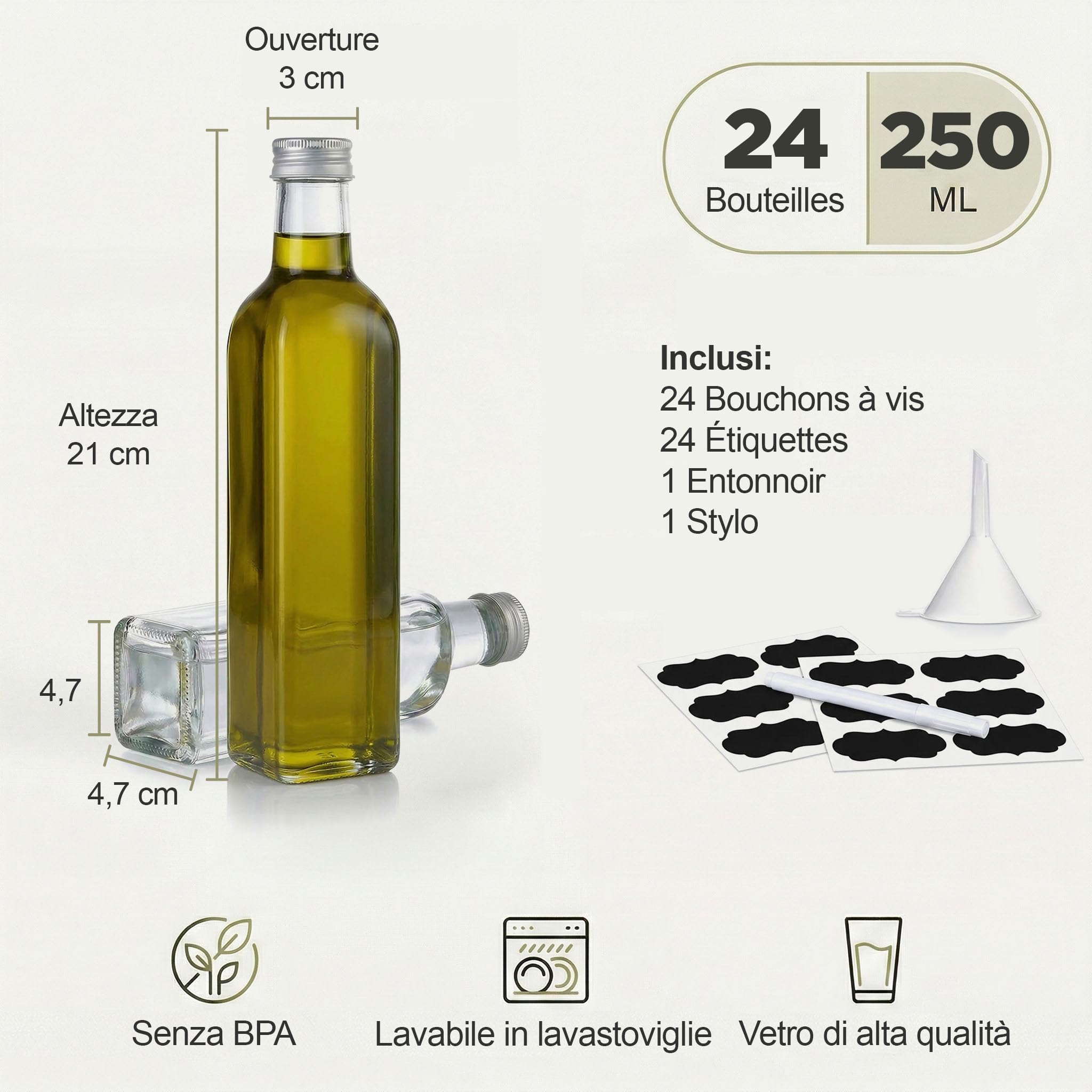 24 Bouteille 250ml Verre Carrée Bouchon – Rhum Arrangé Liqueur Sirop Huile – Cadeaux avec Étiquettes