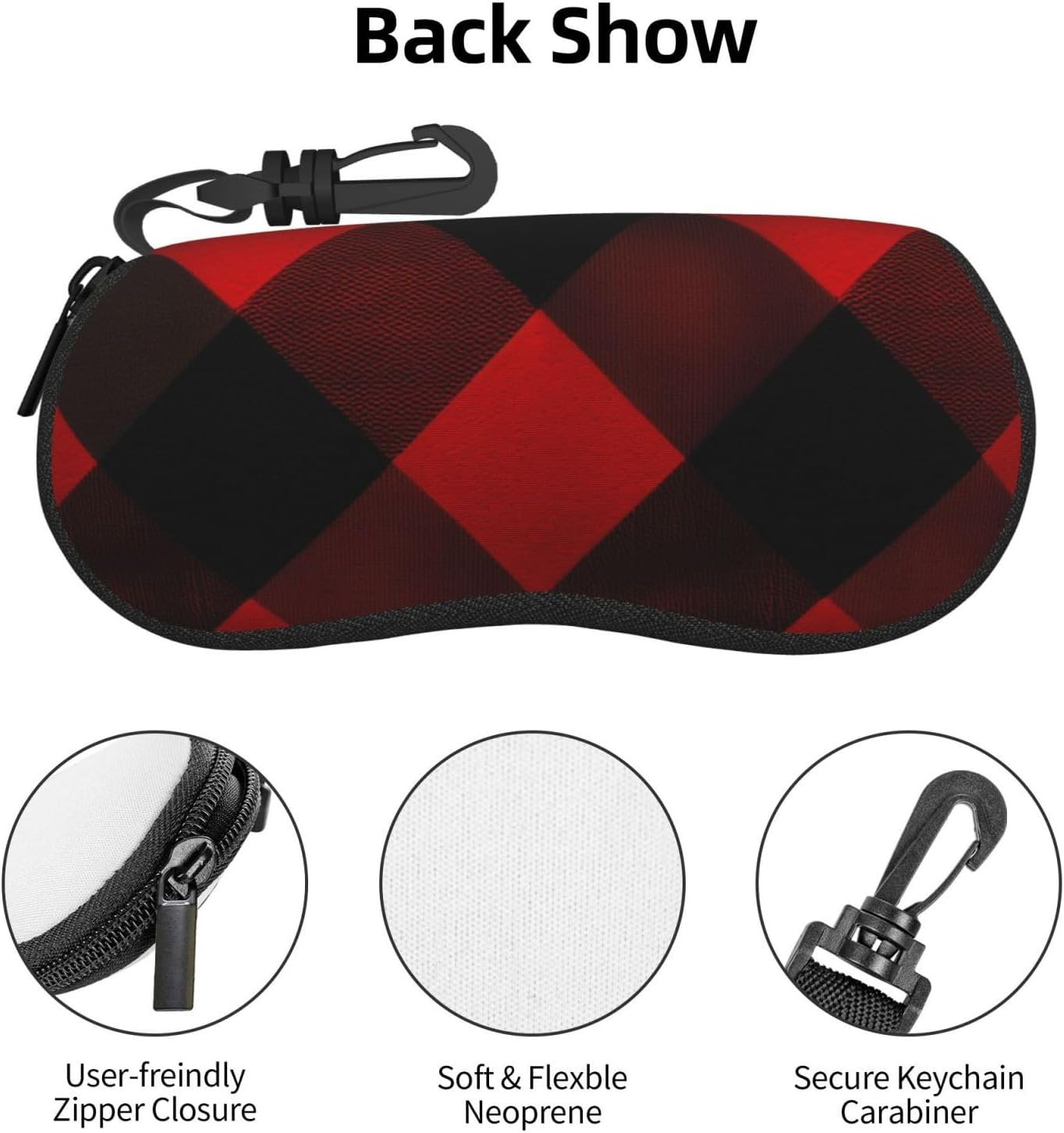 Plaid Red and Black Sunglasses Case, Ultra Light Neoprene Eyeglass Case for Men Women, Hard Shell Shockproof Sport Glasses Case with Carabiner Travel Zipper Eyeglasses Holder