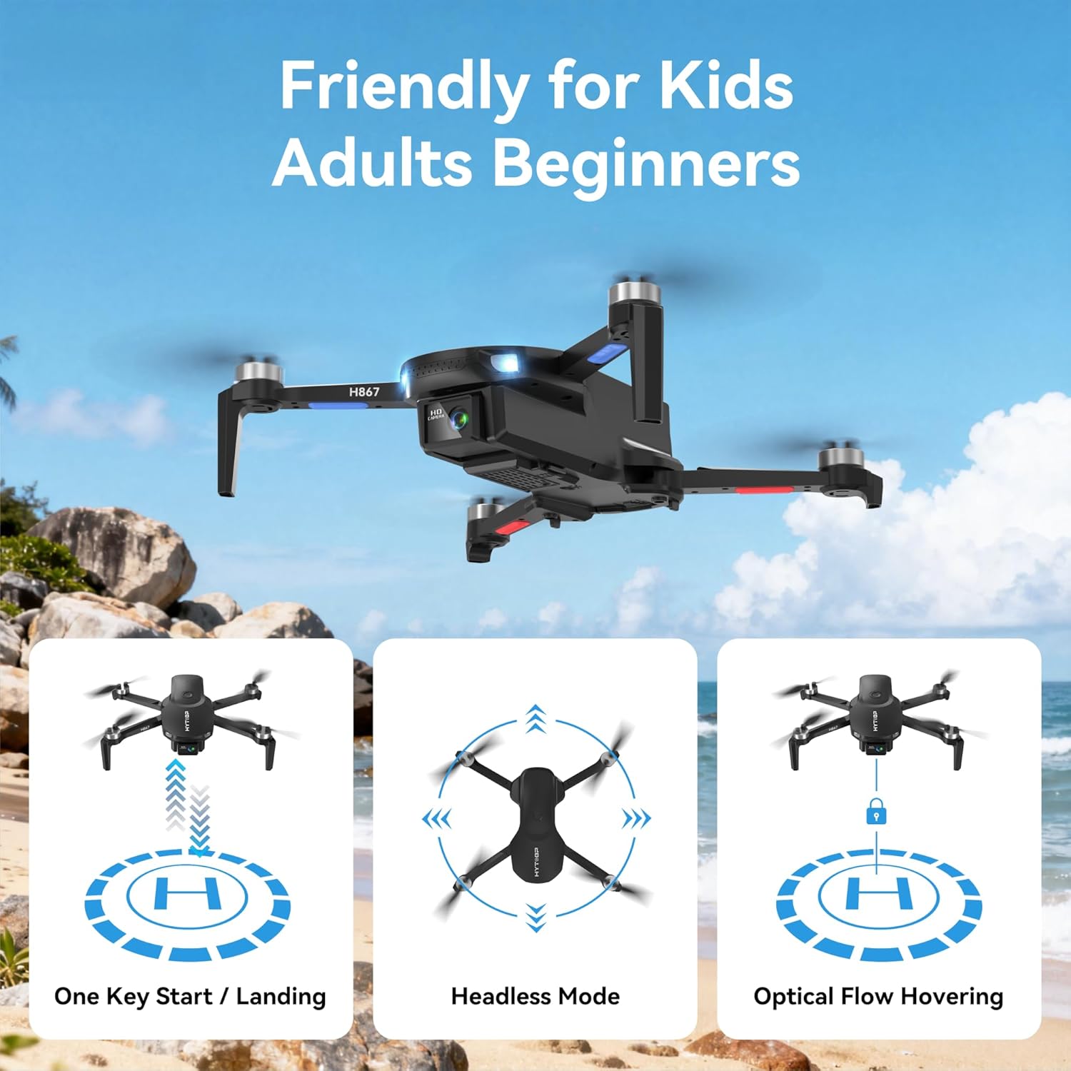 H867,Drone with Camera for Adults 4K, Brushless Motor Foldable RC Quadcopter for Beginners with 2 Batteries 36Min Flight, Optical Flow, Headless Mode, 360° Flips, One Key Takeoff(Black)