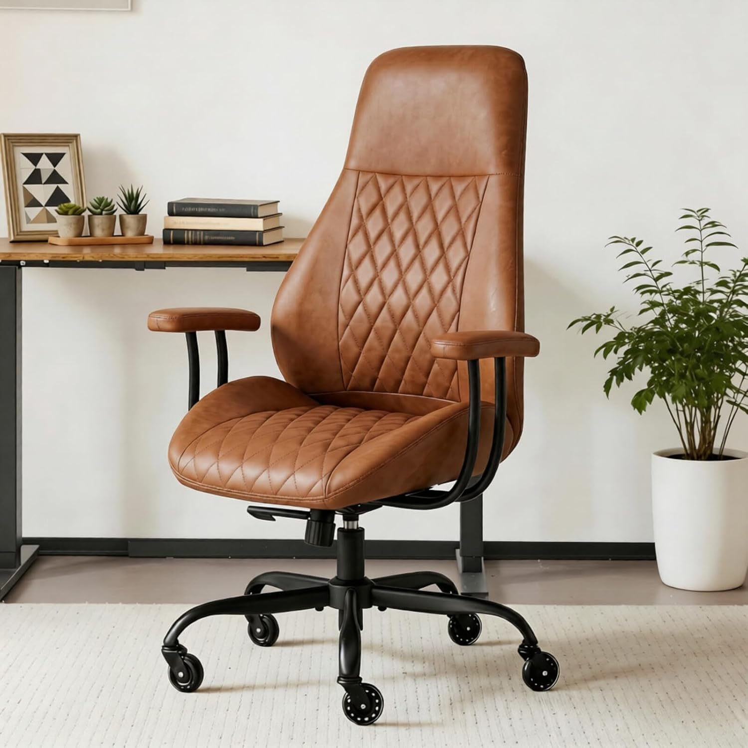 E-Motie Office Chair with Rubber Wheels, Ergonomic Computer Chair 500 lbs, Leather Desk Chair with Lumbar Support, Executive Chair Adjustable Height & Recline, Brown