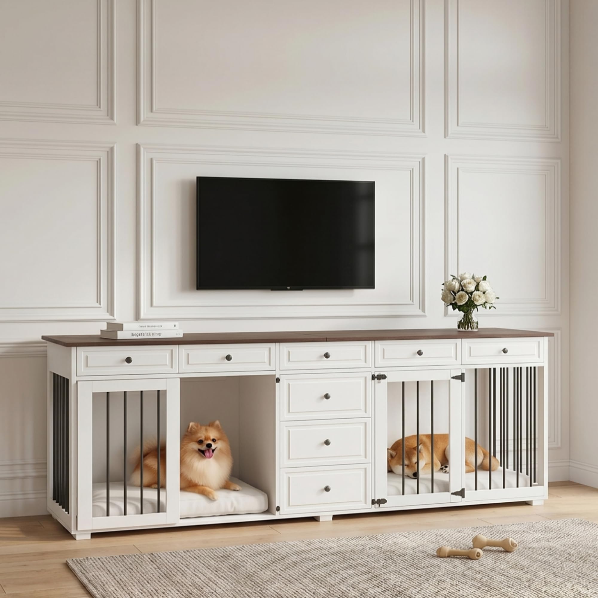 Hundekäfig für Zuhause, Hundebox Indoor für 2 mittelgroße Hunde, Hundekäfig Möbel XXL Stabile Hundehütte mit 8 Schubladen, Moderne Hundehaus weiß, 200x60x85 cm