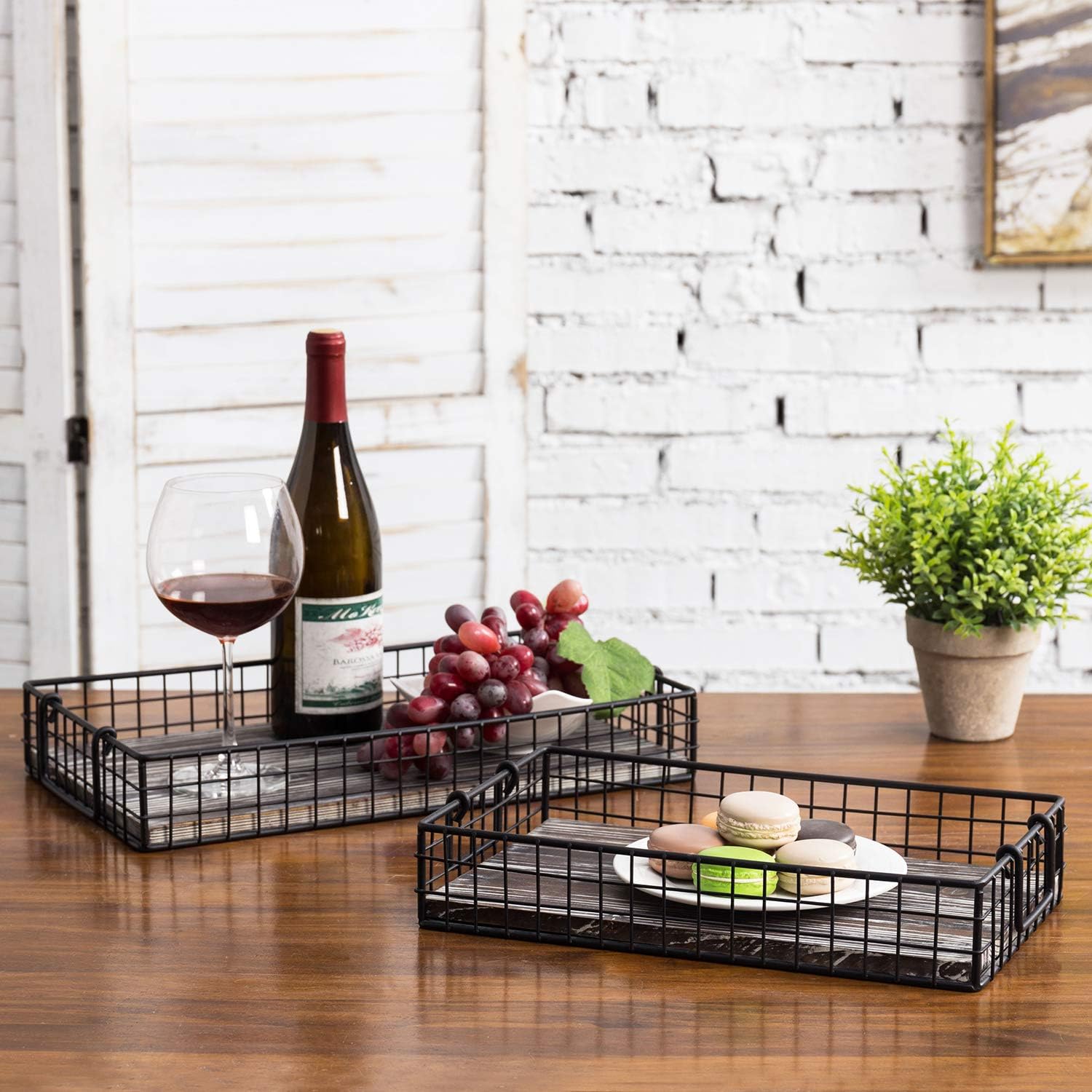 MyGift 16 and 14 Inch Large Nesting Countertop Storage Baskets with Handles, Rustic Torched Wood and Black Metal Wire Decorative Shelf Organizer Bins, 2 Piece Set