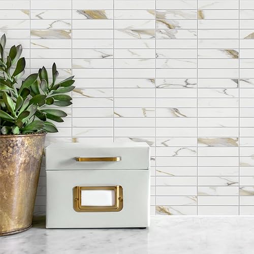 Miniatura 3 de STICKGOO 10 hojas de salpicaduras para despegar y pegar, calacatta Golden Stick on Stone Composite Tile Stikers, diseño lineal, azulejos de mosaico