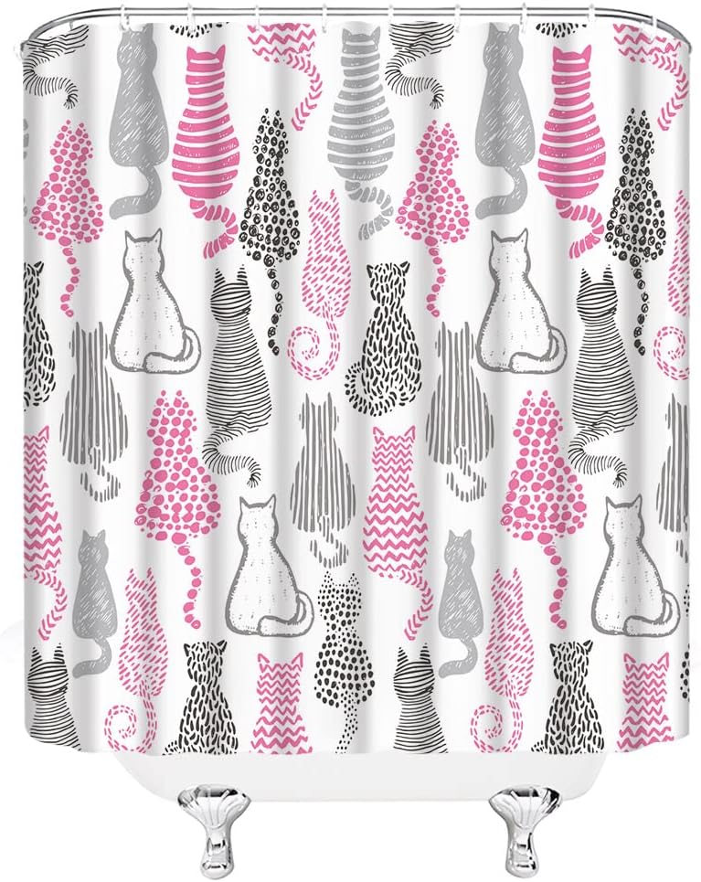 Cat Shower Curtain Cute Kitten Happy Kitty Funny Cartoon Animals Pattern Abstract Lovely Modern Fabric Bathroom Decor Set Include Hooks,(70" Wx91 H)