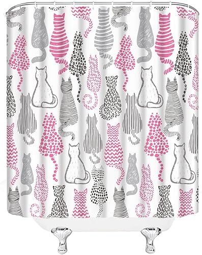 Miniatura 3 de Cortina de ducha con diseño de gato lindo gatito feliz, divertido patrón de animales de dibujos animados, abstracto, encantador, moderno, juego de