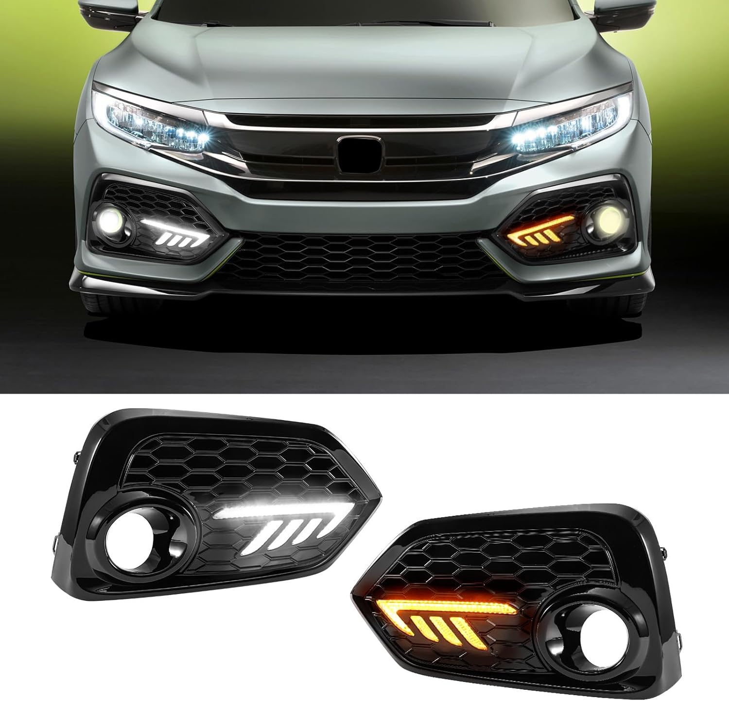 LED Fog Lights White Daytime Running Lights (DRL) Amber Turn Signal Lights Compatible with 2017-2021 10th Gen Honda Civic Hatchback 17-21 Hatchback Style 1