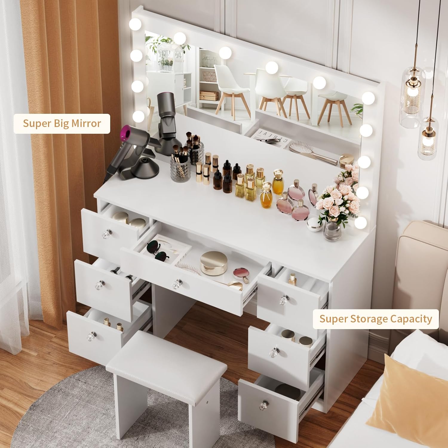 VOWNER Vanity with Lighted Mirror - Makeup Vanity Desk with Power Outlet and 7 Drawers, 3 Color Lighting Modes Adjustable Brightness, 44" Vanity Table with Soft Cushioned Stool for Women Girls, White