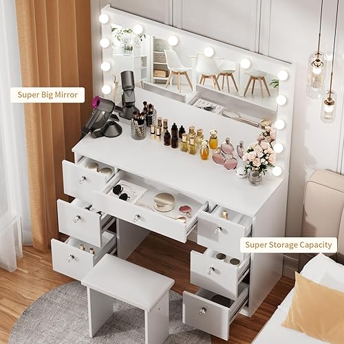 Miniatura 3 de VOWNER Vanity with Lighted Mirror - Makeup Vanity Desk with Power Outlet and 7 Drawers, 3 Color Lighting Modes Adjustable Brightness, 44" Vanity