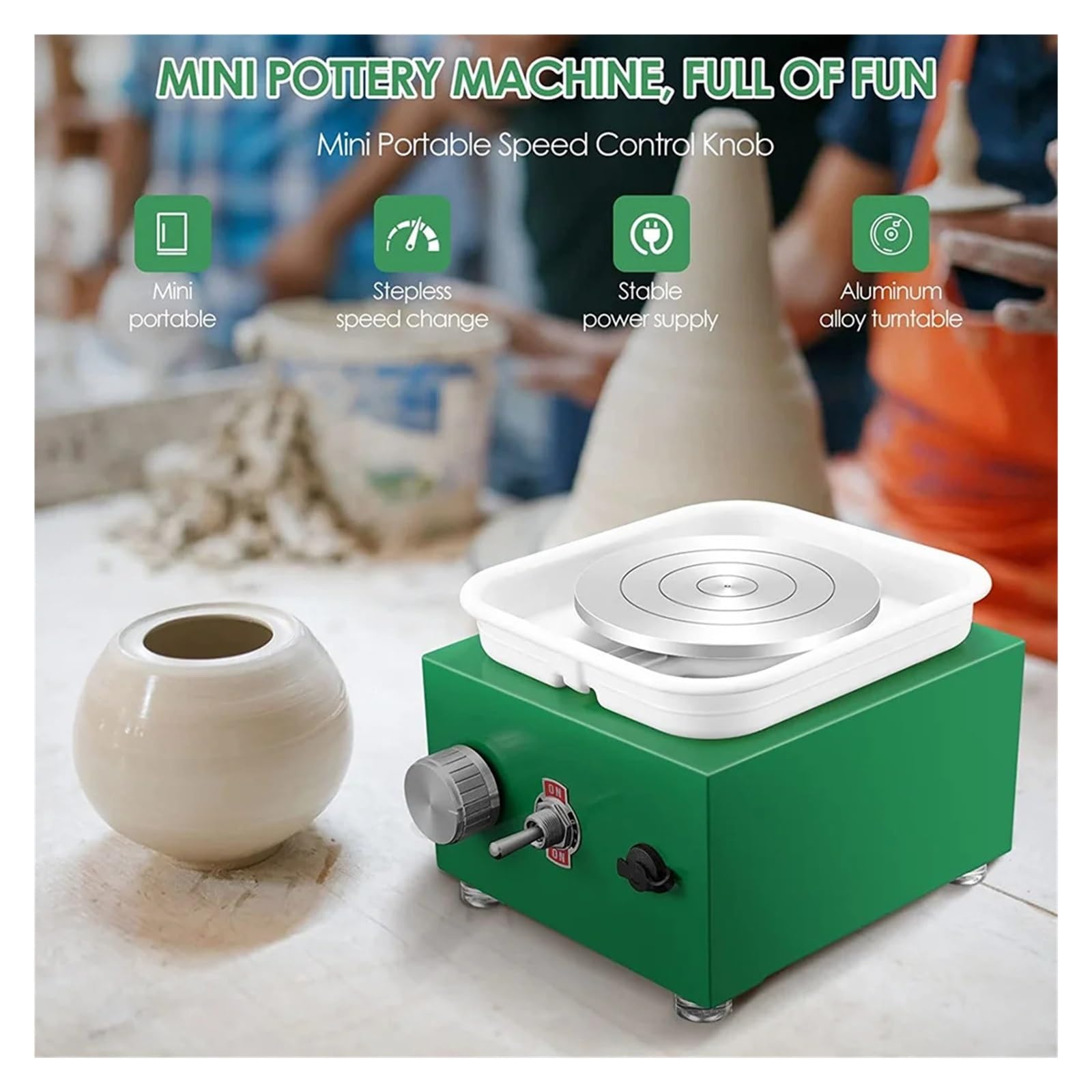 Mini-Töpferscheibenmaschine mit Drehteller + Bildhauerset, elektrische Töpferscheibe, Keramik-Tonwerkzeug, Töpferei-Töpferausrüstung(Green)