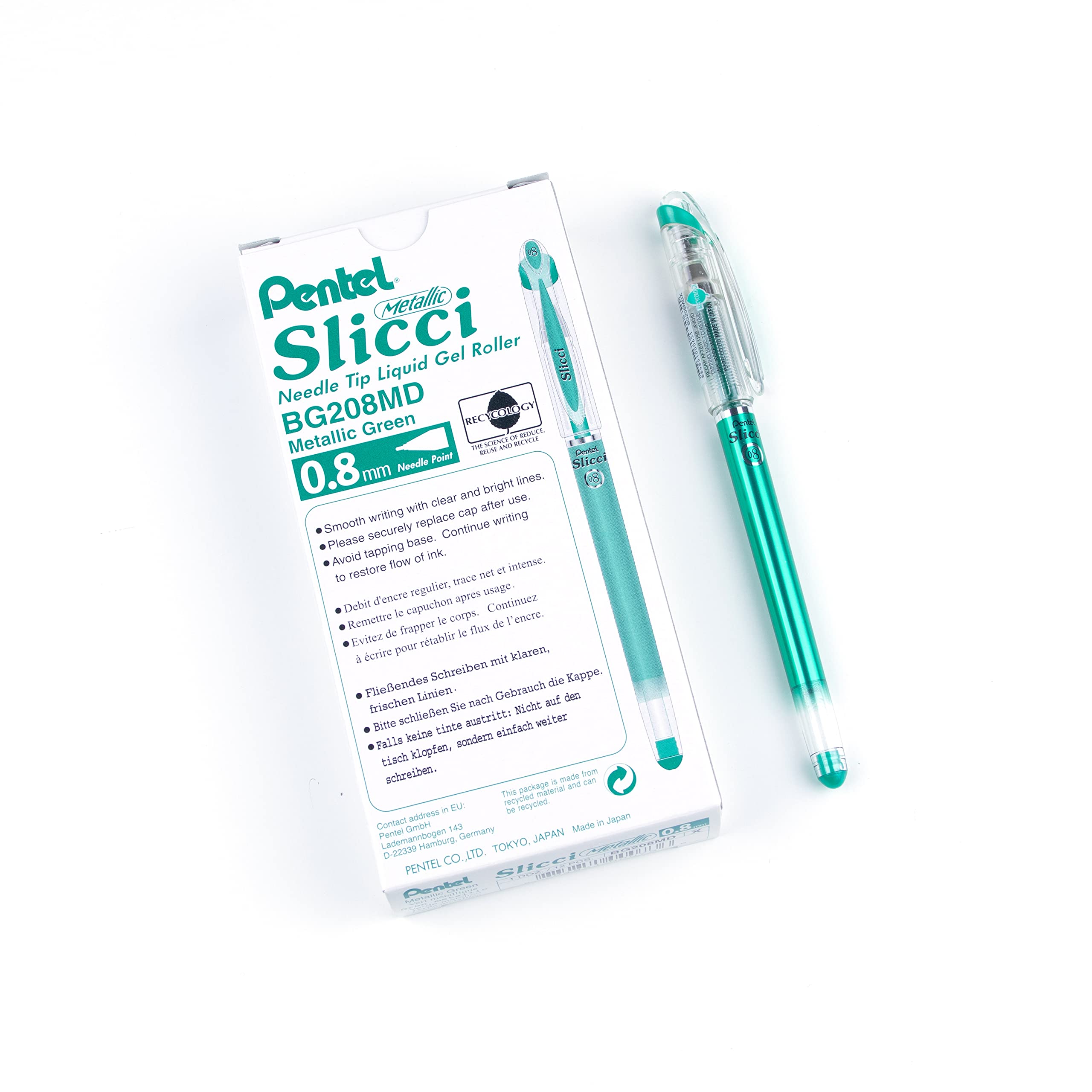 Pentel Arts Slicci Metallic 0.8 mm Needle Tip Gel Pen, Metallic Green Ink, Box of 12 (BG208MDX)