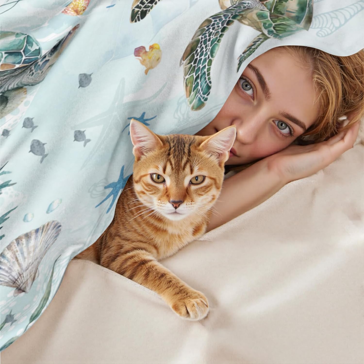 Sea Turtle Throw Blanket Coastal Coral Lightweight Bed Blanket Bedroom Living Room Decor Soft Plush Cozy Couch Fleece Blankets 50x60 Inches