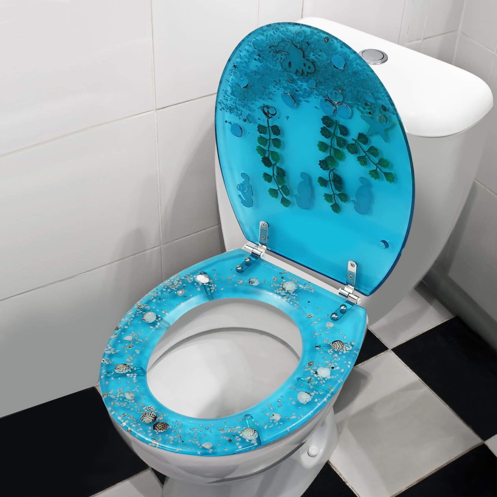 Resin Toilet Seat Round, Toilet Seat Aquarium Seat Blue Sea Fish Shells Shape, Quiet Slow Close Lid Heavy Duty Toilet Seats Tropical Fish Rosin Decorative, U/V type, 14 * 16in