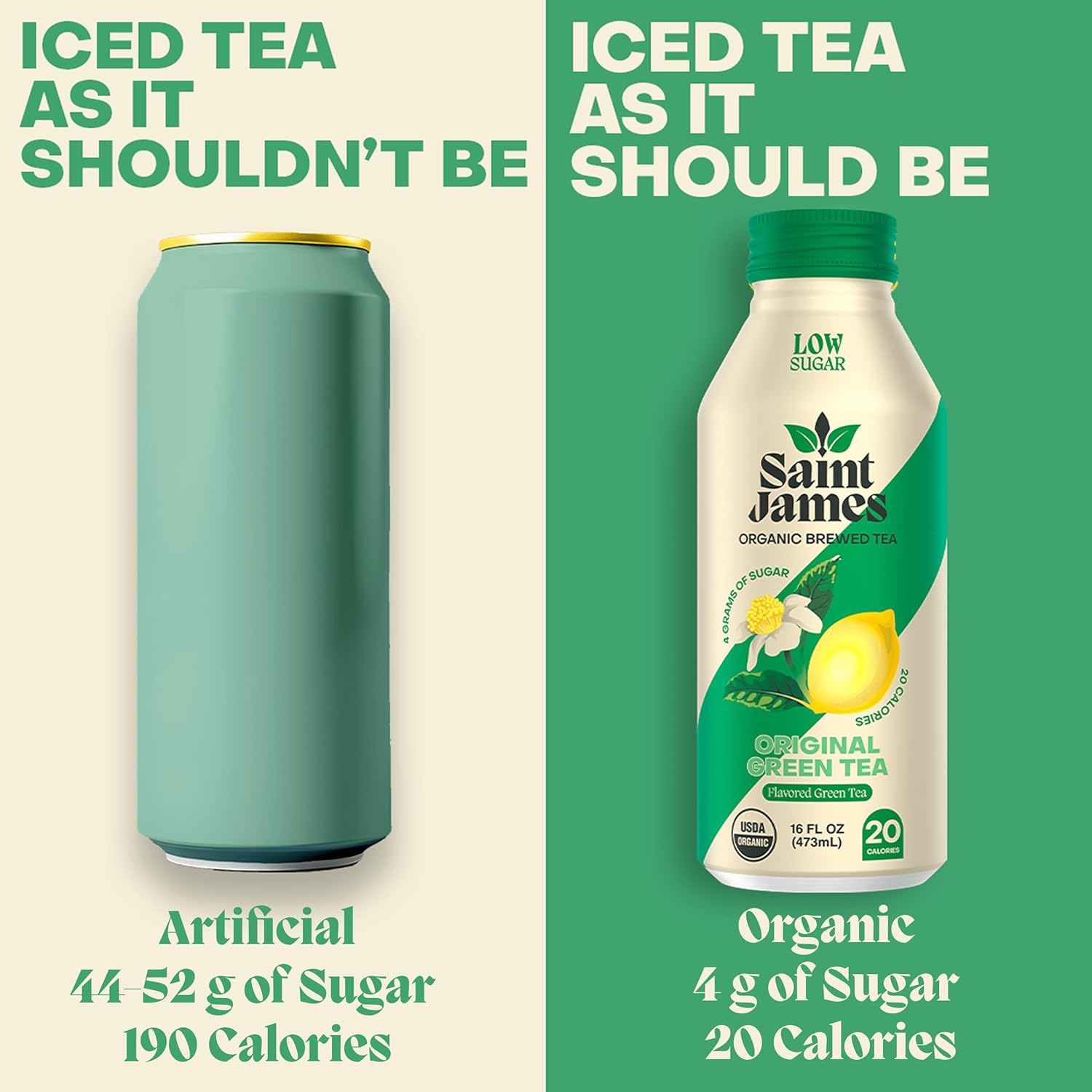 Saint James Iced Tea - Organic Green Tea - Non GMO, Gluten Free, Low Calorie & Low Sugar - Original Green Tea, 12 Pack (16 fl oz each) - Image 4