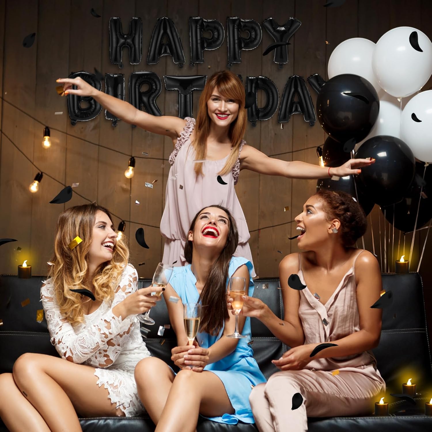 Black Happy Birthday Balloons Decorations Happy Birthday Letter Balloons Banner Set with 24pcs Round Flameless LED Candles and 2000pcs Artificial Rose Petals for Women Men Room Party Decor Black Regular