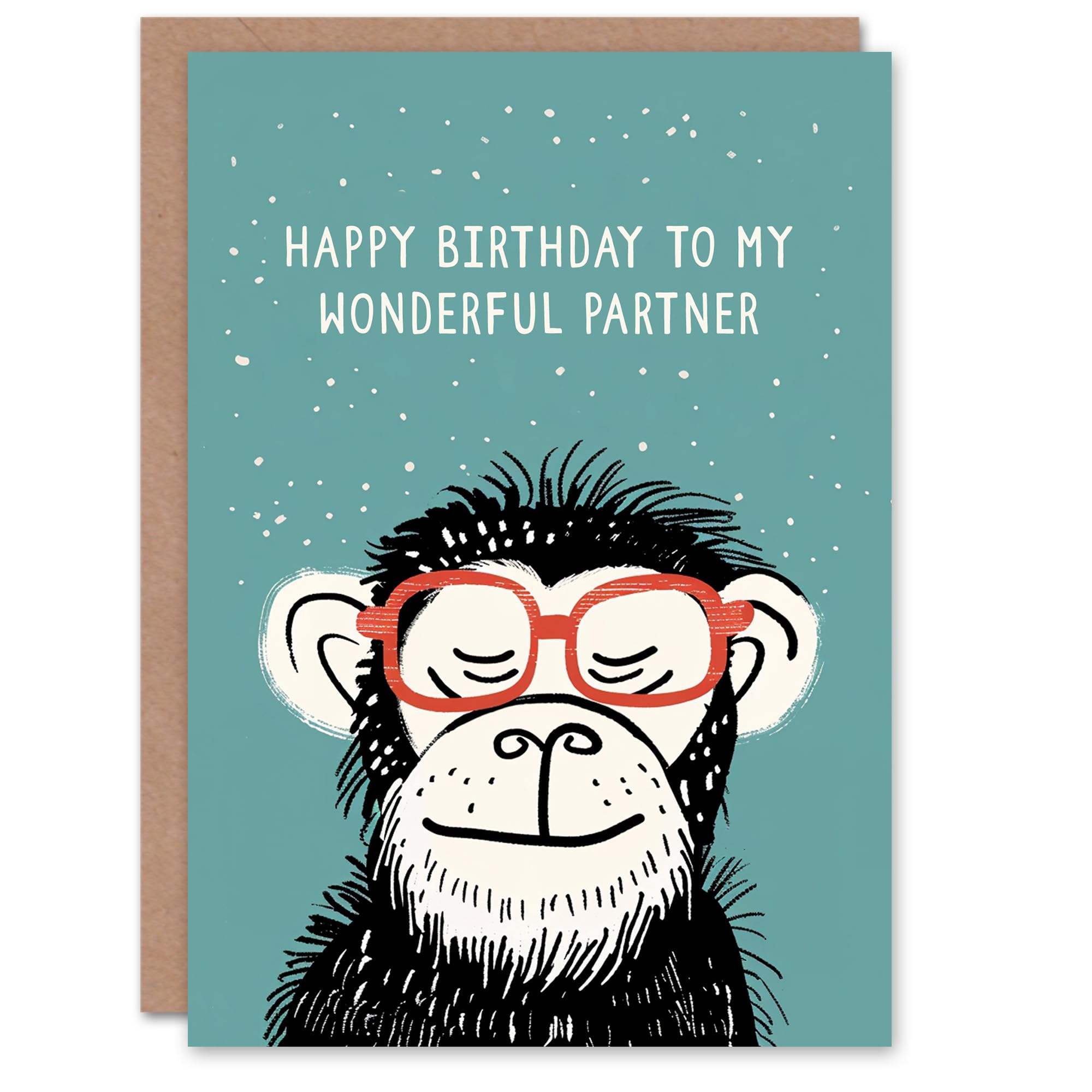 Artery8 Happy Birthday to my Wonderful Partner Cheeky Chimp Nerd Chimpanzee Monkey Non Binary Gender Neutral Card