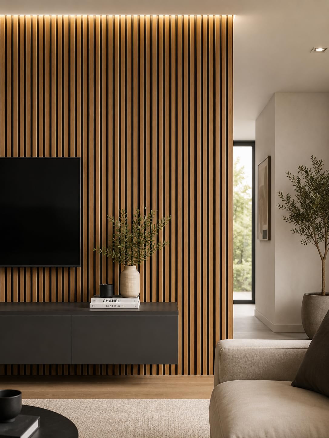 FUTURAzeta-Pannelli Acustici Decorativi in MDF 60x275 cm finitura TEAK– Doghe Flessibili Fonoassorbenti – Rivestimento Parete Design Moderno – Riduce Eco e Rumore – Facile Installazione