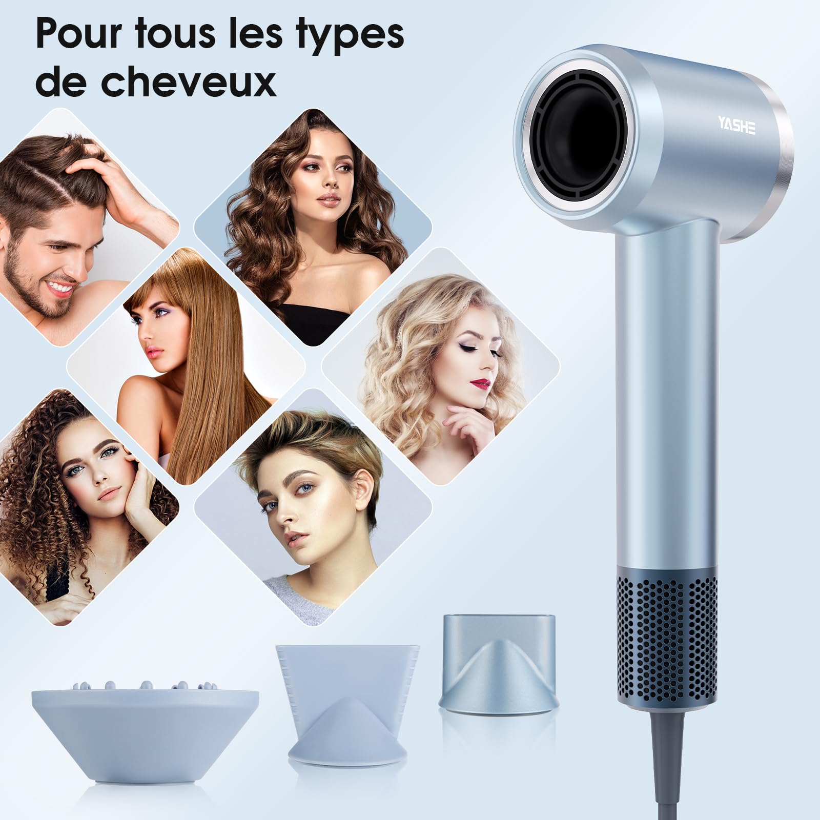YASHE Sèche-Cheveux Ionique, Moteur Brushless Haute Vitesse de 110 000 tr/min, Séchage Rapide à Faible Bruit de 22 m/s, 1600W Seche Cheveux Professionnel, 1 Diffuseur et 2 Concentrateurs