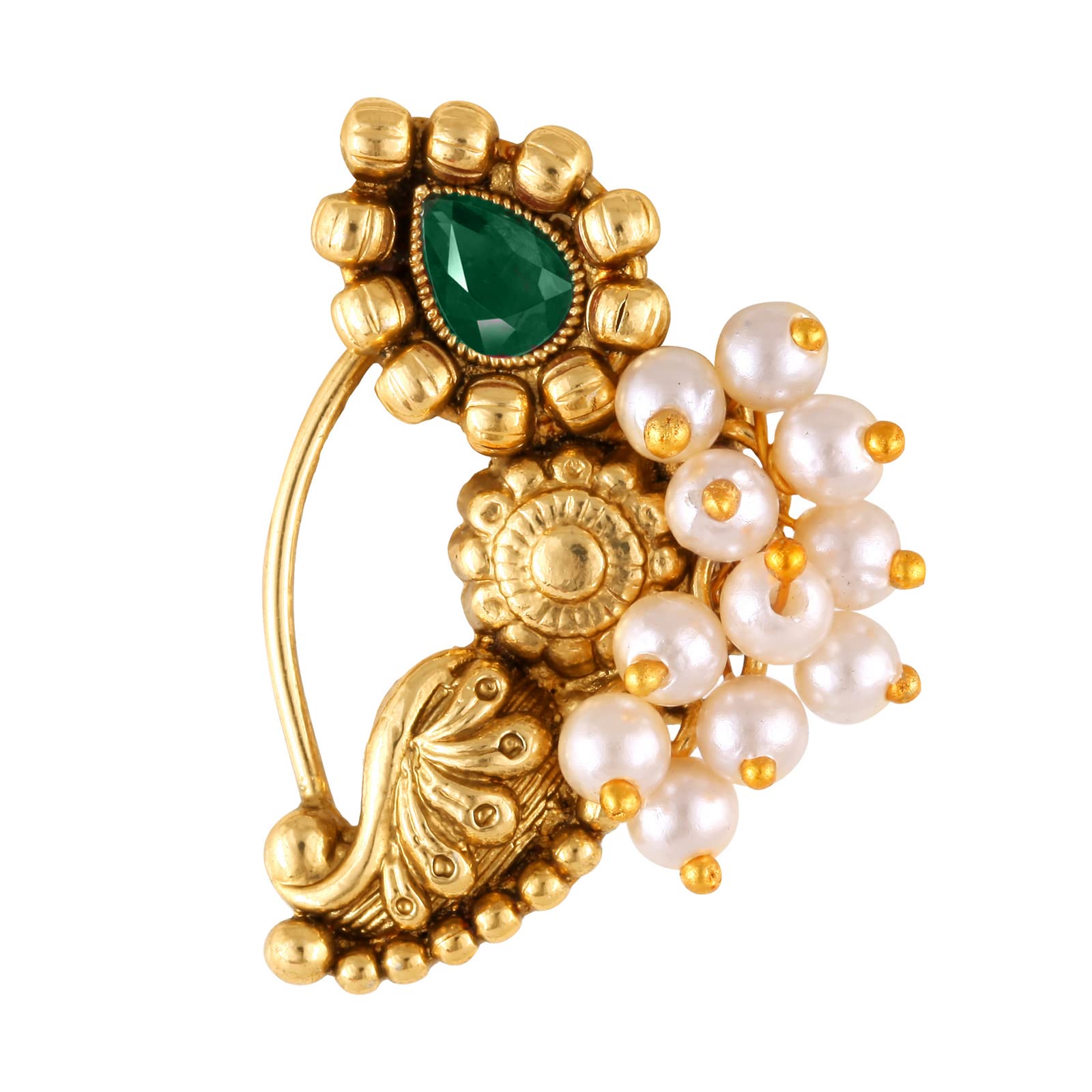 vfj vighnaharta fashion jewellery Vighnaharta Gold Plated with Pearl Alloy and Artificial stone Non Piercing Maharashtrian Nath Nathiya./ Nose Pin valentine day gift valentineday gift for her gift for him gift for women gift for women {VFJ1171NTH-Press-Green }-picture-10
