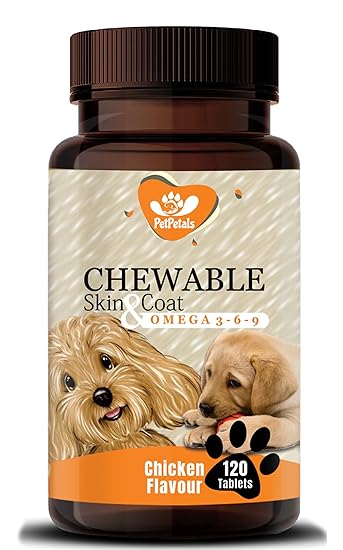 PetPetals Chewable Skin & Coat Tablets for Dog with Omega 3 Algal DHA, Biotin and Vitamin C for Skin Health & Shiny Coat | Chicken Flavour - 120 Tablets