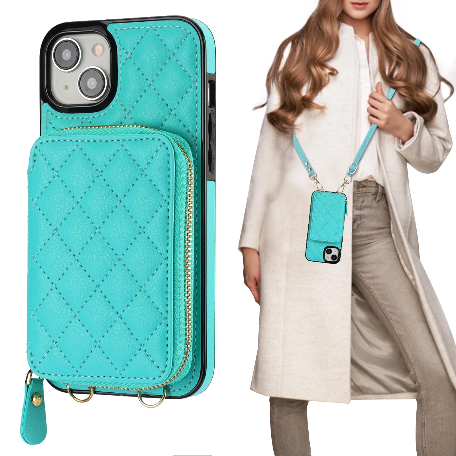 Bocasal Crossbody Wallet Case for iPhone 15 Plus, RFID Blocking PU Leather Zipper Handbag Purse Flip Cover, Kickstand Folio Case with Card Slots