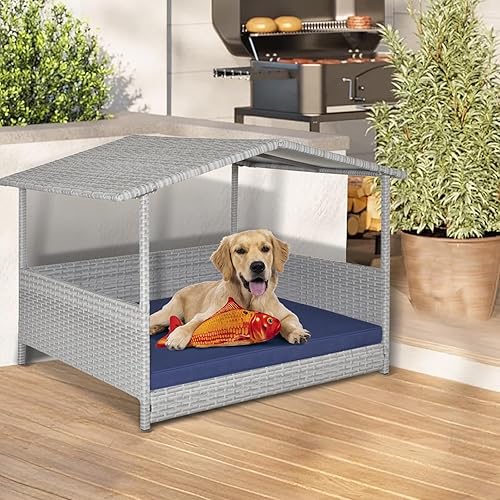 Miniatura 7 de Casa de mimbre para perros al aire libre, cama impermeable de polietileno de alta densidad para perros con toldo, cuna elevada para mascotas, sofá
