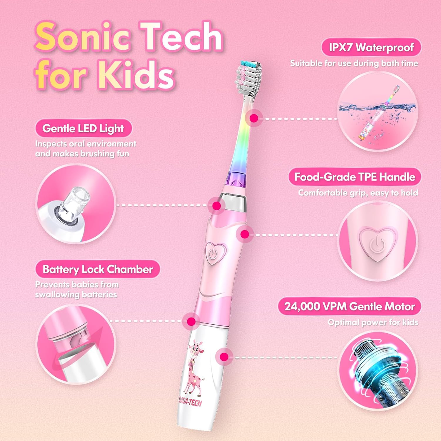 Kids Electric Toothbrush Toddler Toothbrush Age 2-4-8-12 Girls Electric Toothbrush with Timer Rainbow LED Light Up Vibrating Toothbrush Battery Operated Childrens Sonic Tooth Brush (Pink Giraffe) image 4