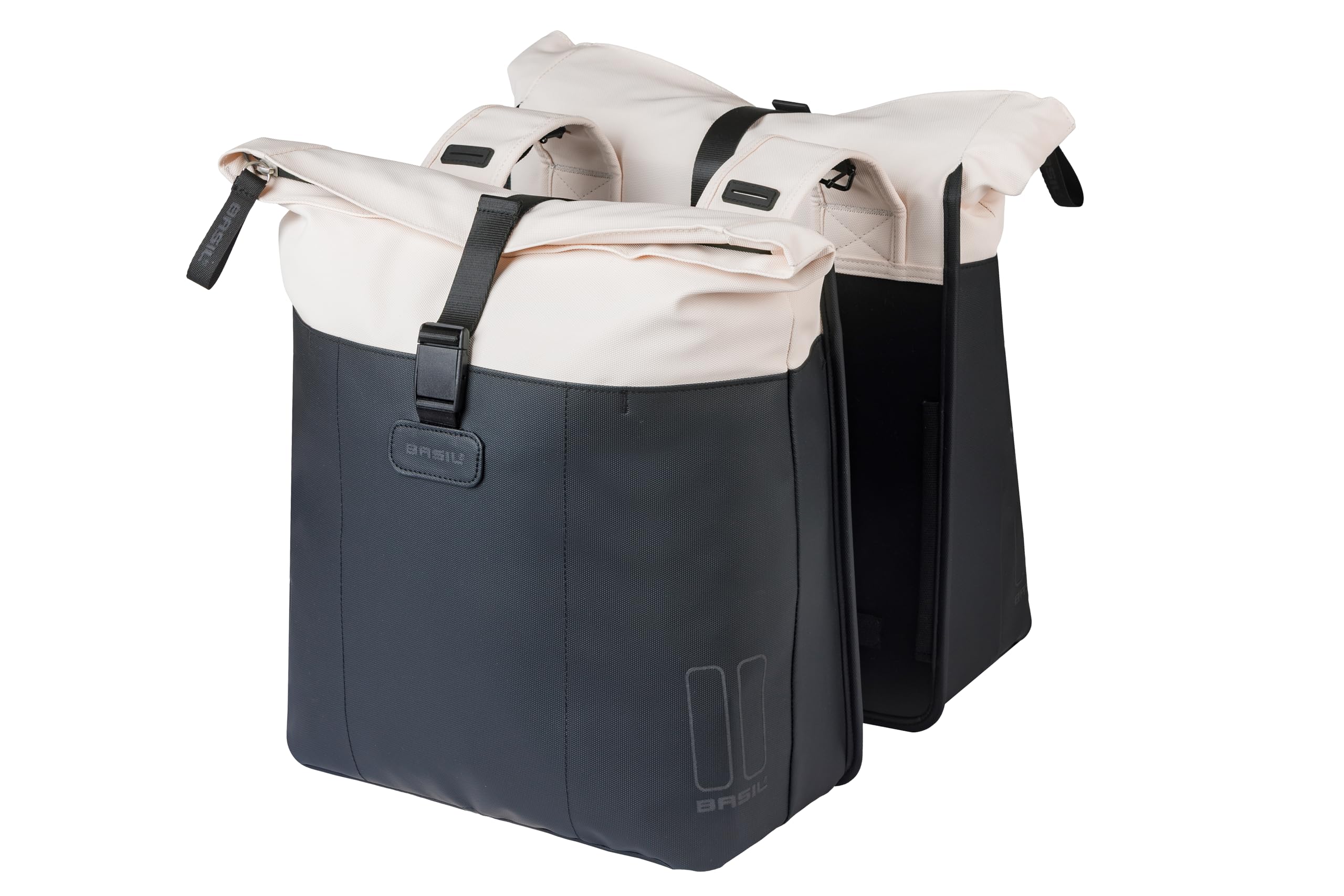 Basil Vive - Double Sacoche de vélo - Étanche - 28-35 l - Réfléchissante - en matériau recyclé - 30 x 14 x 38 cm - Blanc/Noir
