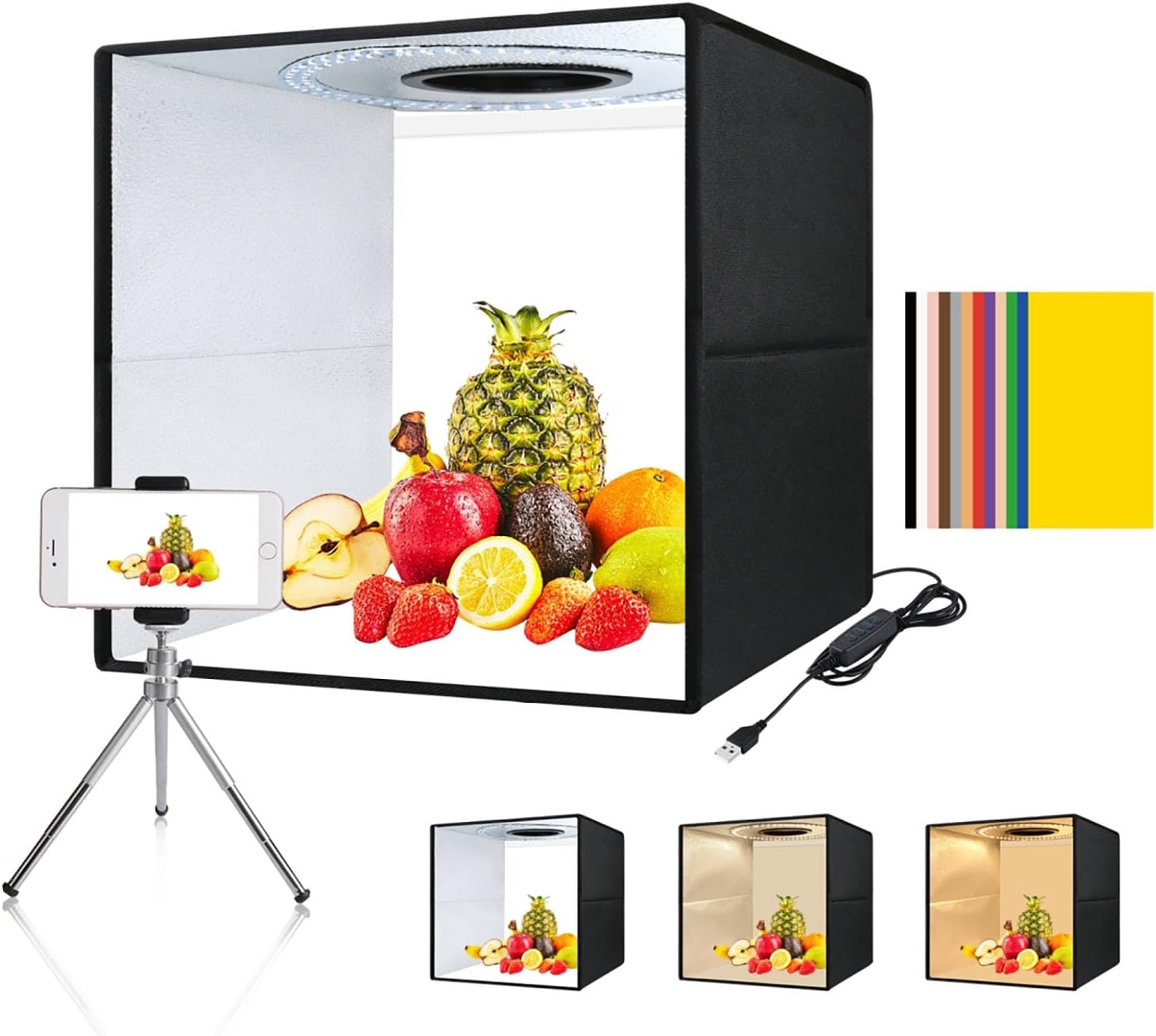 Photo Light Box 16"x16" 3s Quick Install Portable Studio Kit with Soft Light Cloth Professional Photography Equipment Adjustable White Light, Soft Light, Warm Light(16x16 Inch)