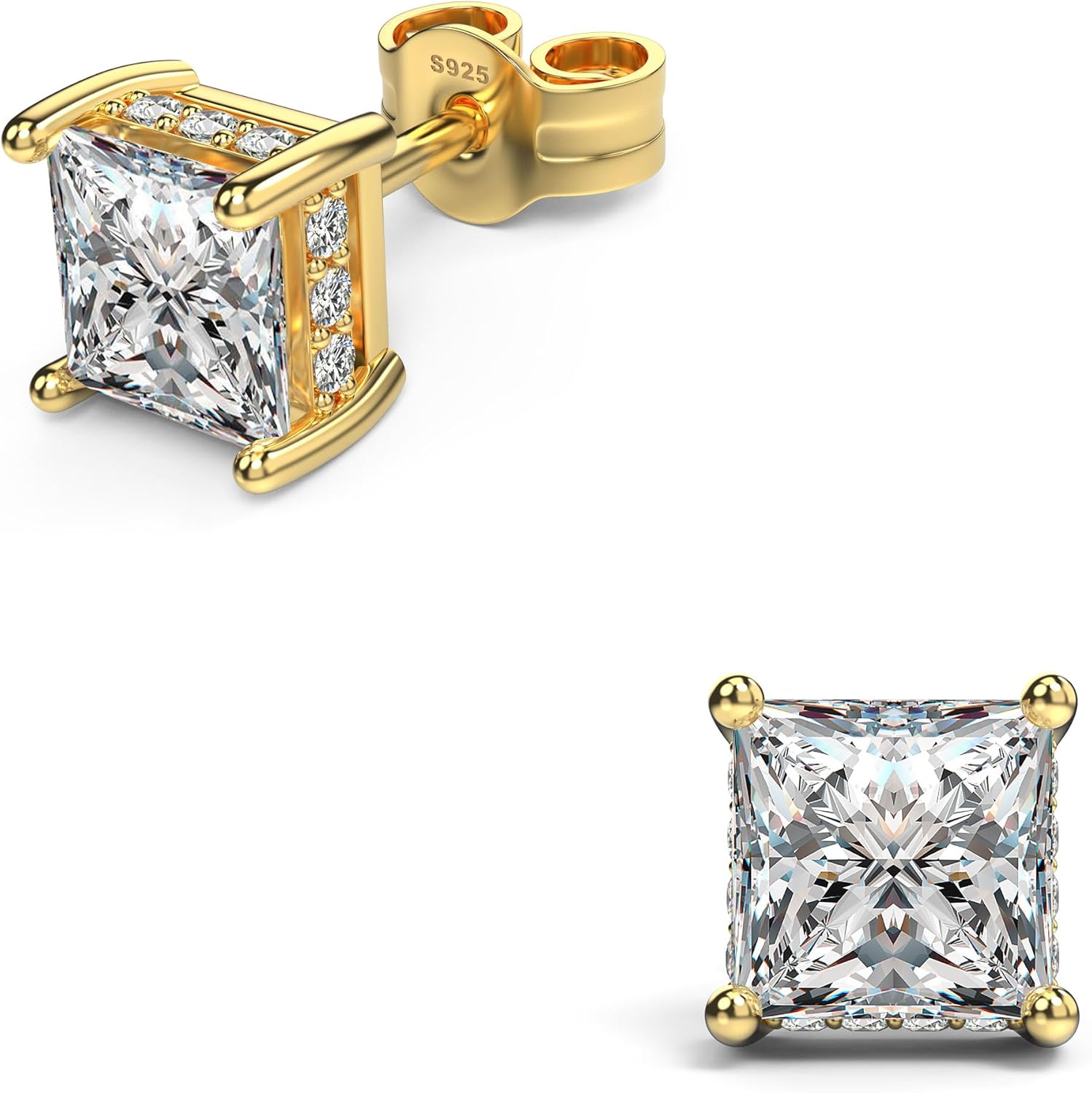 18K White Gold Plated Sterling Silver Princess Cut Cubic Zirconia Stud Earrings Square Simulated Diamond CZ Stud Earrings for Women Men Hypoallergenic