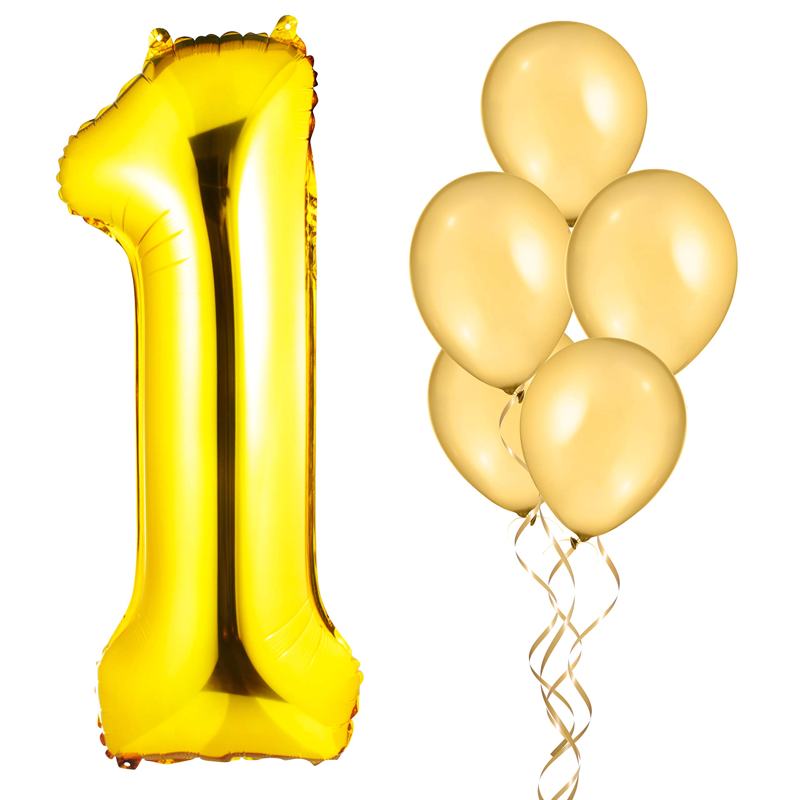 Gold 40" Mylar Foil Number"1" Balloon with 5 12" Latex Gold Balloons/First Birthday Balloons/Anniversary Balloons/1st Place Balloons, Ribbon and Straw Included, Helium Supported