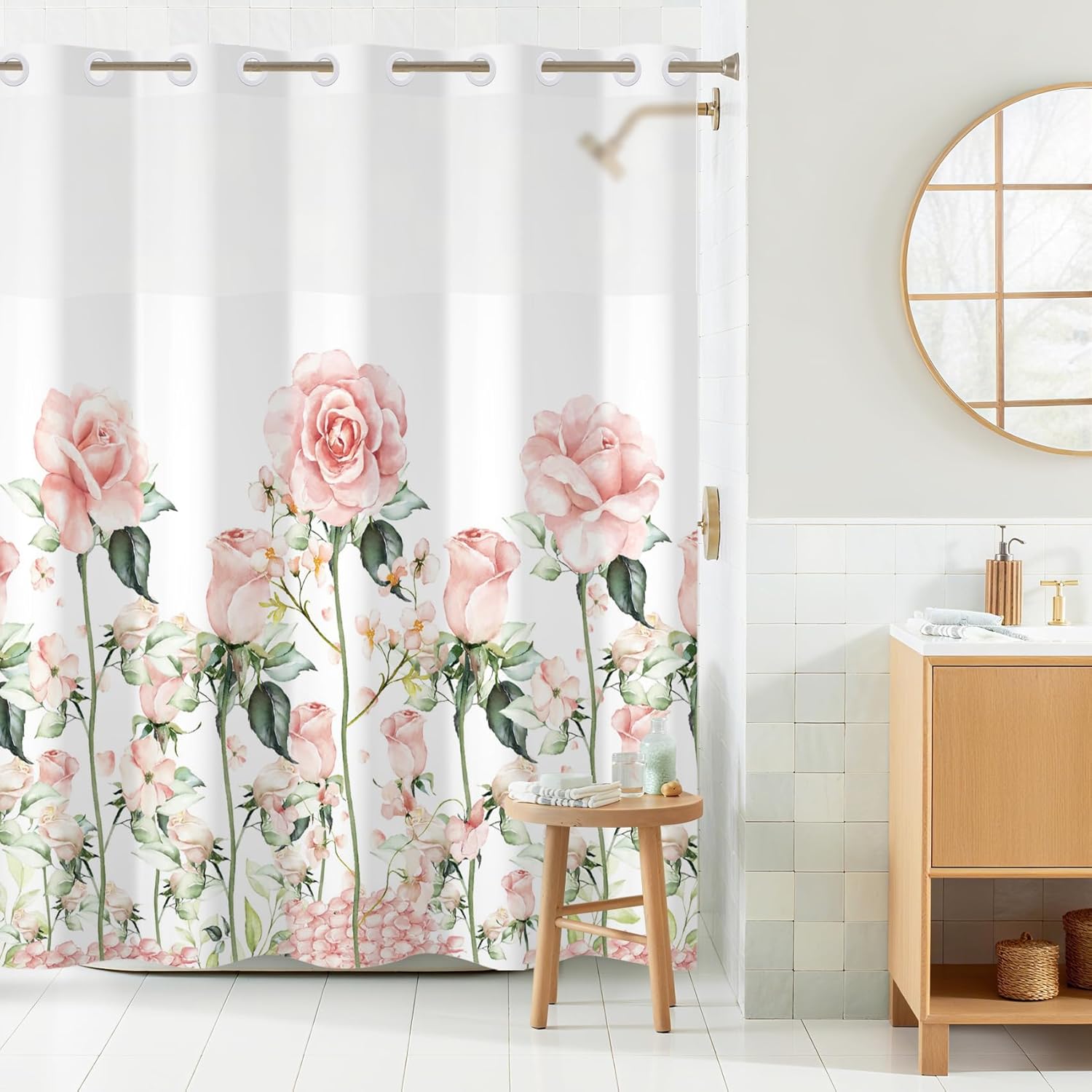 Baocicco No Hook Pink Rose Shower Curtain Set Watercolor Flowers Modern Hotel Style Fabric Polyester Curtains for Bathroom Decors Stylish Floral Bath Curtain with See Through Mesh 71x71 Inch
