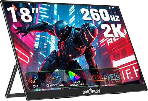 InnoView Monitor portátil para juegos de 18 pulgadas y 260 Hz, 2K QHD 100% DCI-P3, monitor portátil Gameplus HDR FreeSync, pantalla portátil para