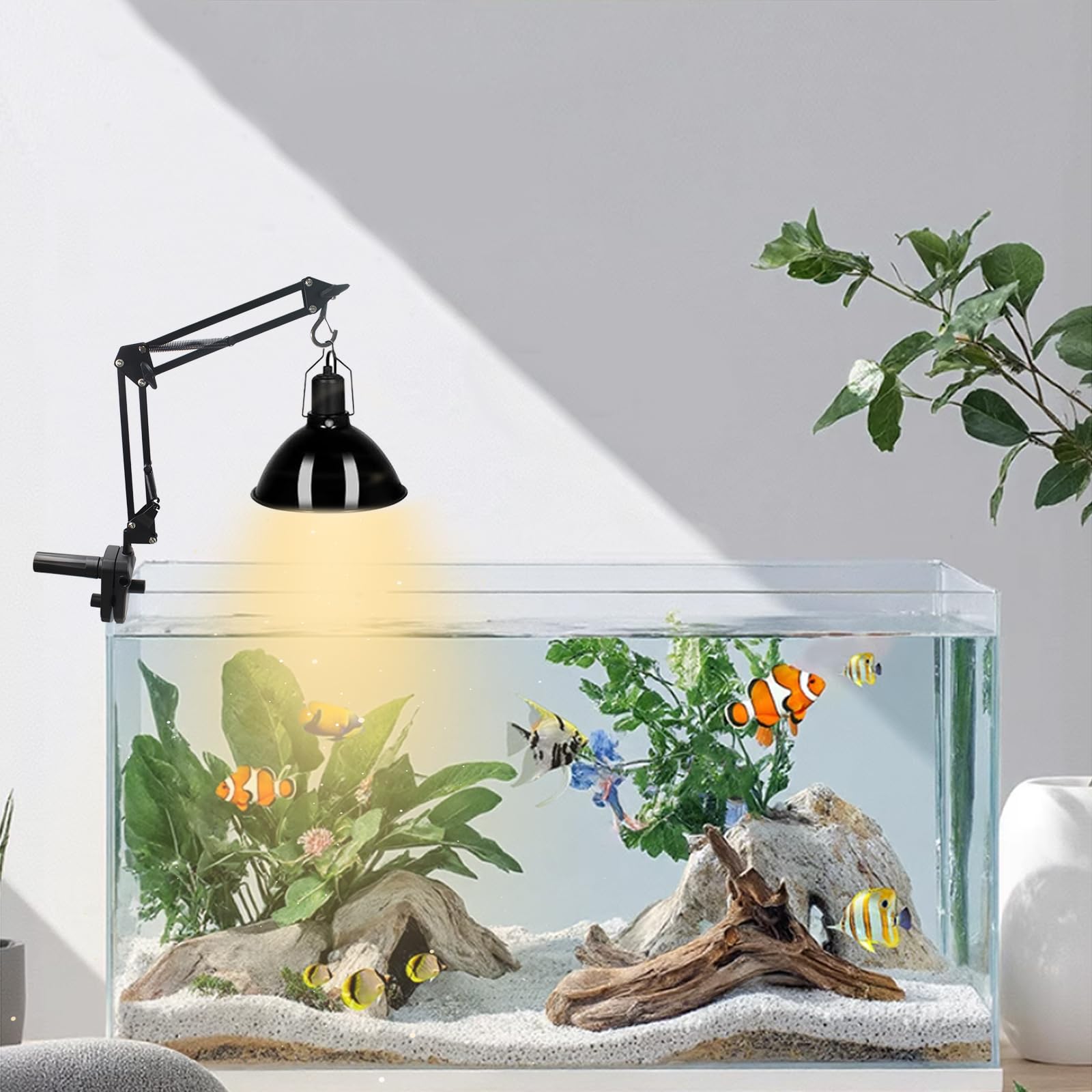 Supporto per lampada rettile, con clip di tipo nero, in metallo, con braccio girevole a 360°, regolabile più volte, per rettili, tartarughe, ragno, geco, lucertole