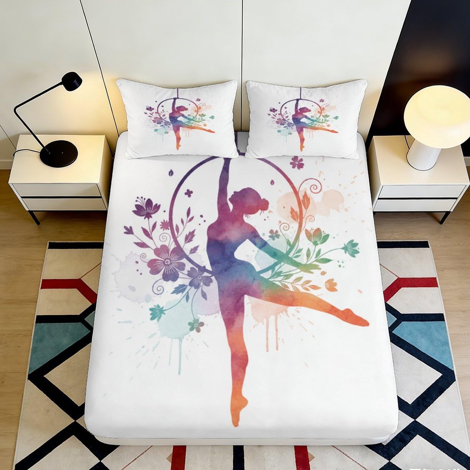 Pnayamiorkfel Style-7 3D Printed Ballet Silhouette Fitted Sheet Microfiber Watercolor Floral Bed Cover Anti-Slip Machine Washable For Bedroom Guestroom 90X200x25cm