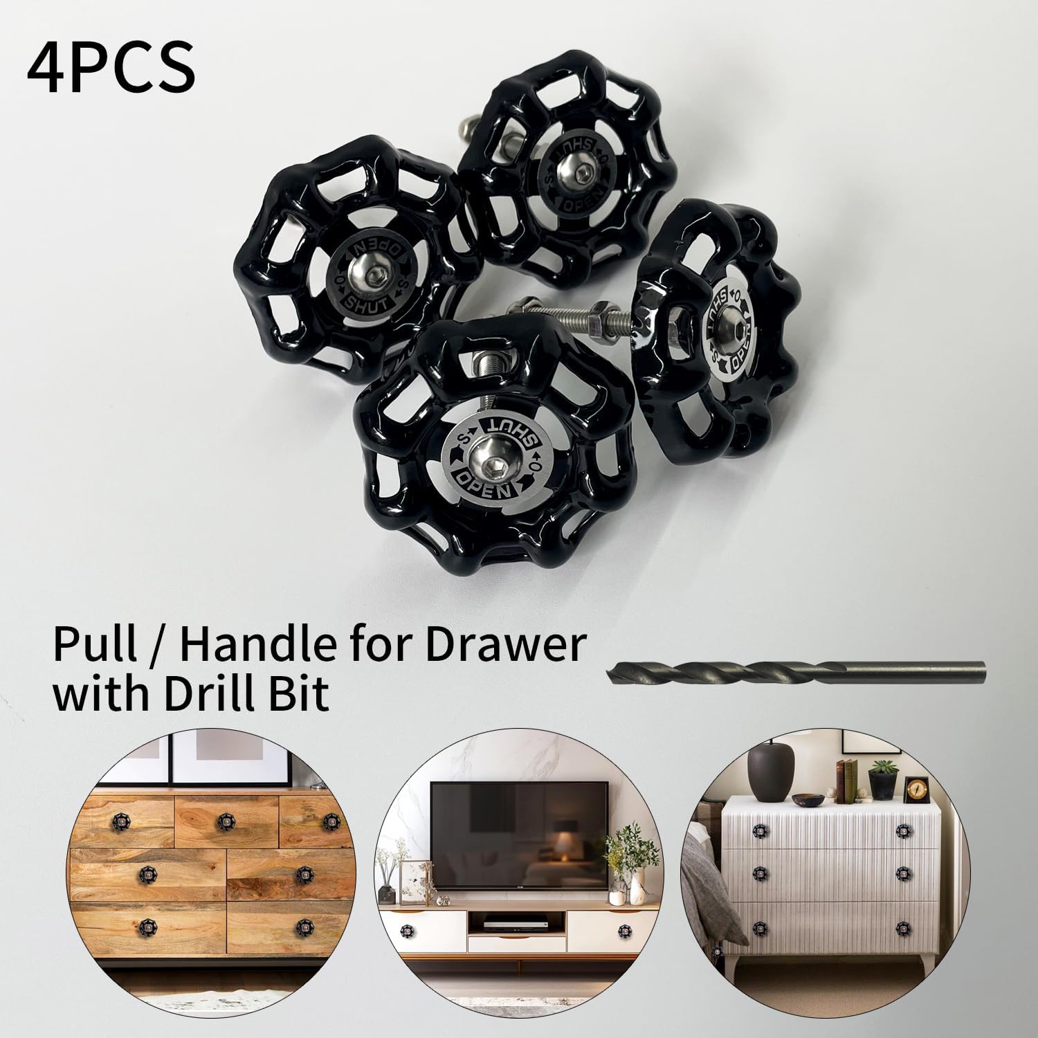 4PCS Vintage Iron Valve Knobs and Pulls with Drill Bit, Unique Disc-Shaped Metal Cabinet Pull, Industrial Style Drawer Handles for Closet, Cupboard, Furniture Doors (Black)