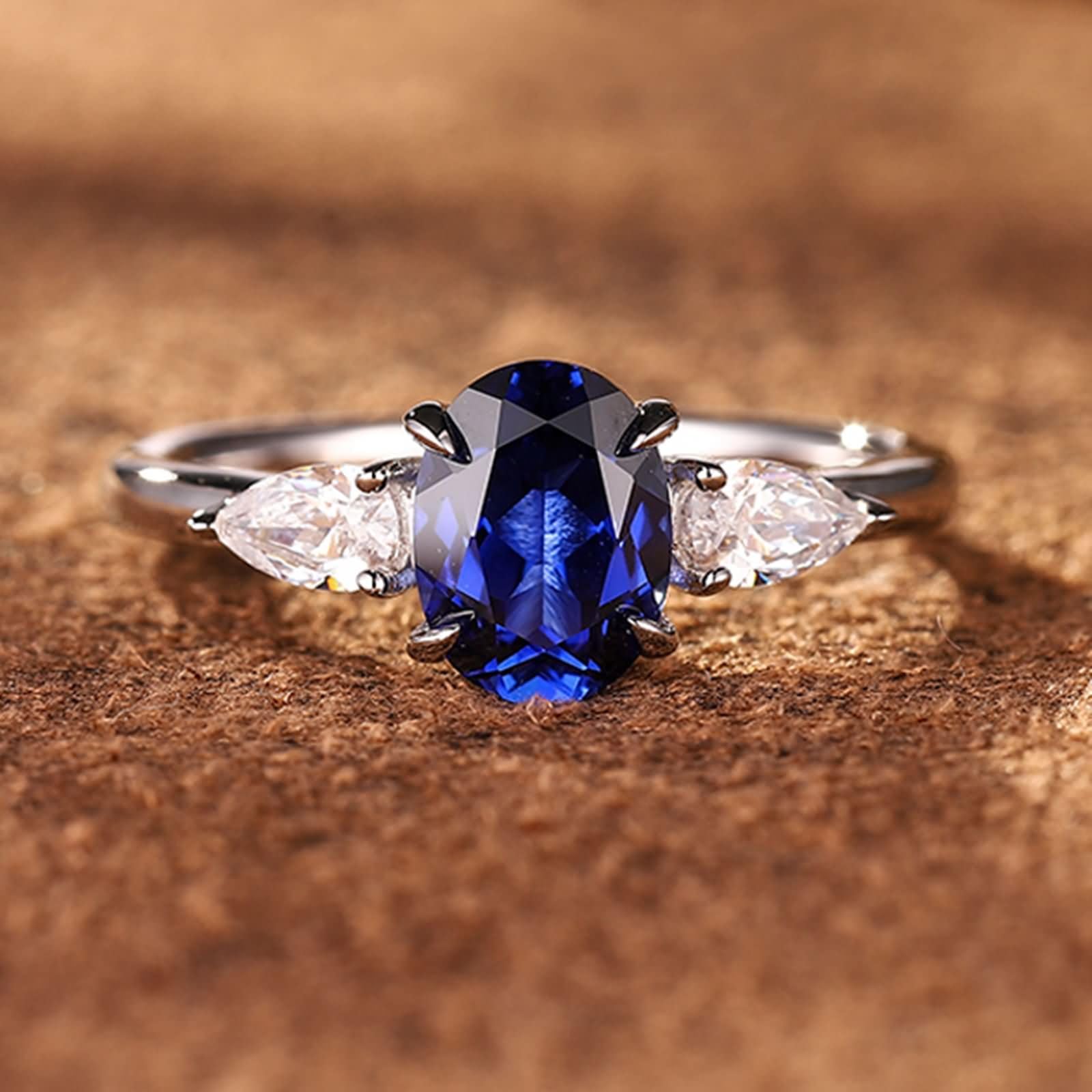 Anillo Mujer Alianza Oro Blanco 9 Kilates / 14 Kilates / 18 Kilates, 4 Garras Oval y Gota de Agua con Zafiro de 1,9 ct y Moissanita, Anillos de Matrimonio Plata Azul Mujer