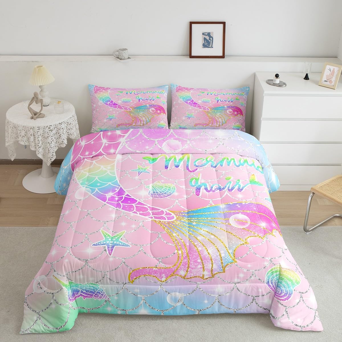 Feelyou Mermaid Comforter Set Full Size for Kids Girls Rainbow Pink Mermaid Tail Printed Bedding Set Cute Reversible Stars Quilt Bed Set Sparkle Mermaid Fish Scale Bedroom Glitter Decor All Season