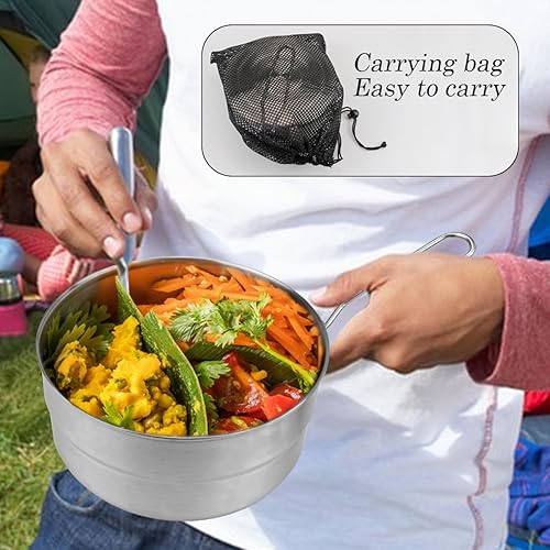 Miniatura 5 de DOERDO Olla de acero inoxidable para acampar con tapa y asa plegable, utensilios de cocina de 1.5 L, olla Bento de gran capacidad para senderismo al