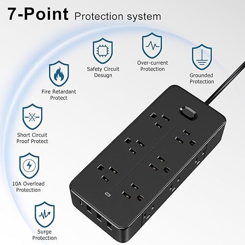 Miniatura 5 de Regletas de alimentación con protección contra sobretensiones, cable de extensión con múltiples tomas de corriente (9 CA + 4 USB), 1250 W10 A,