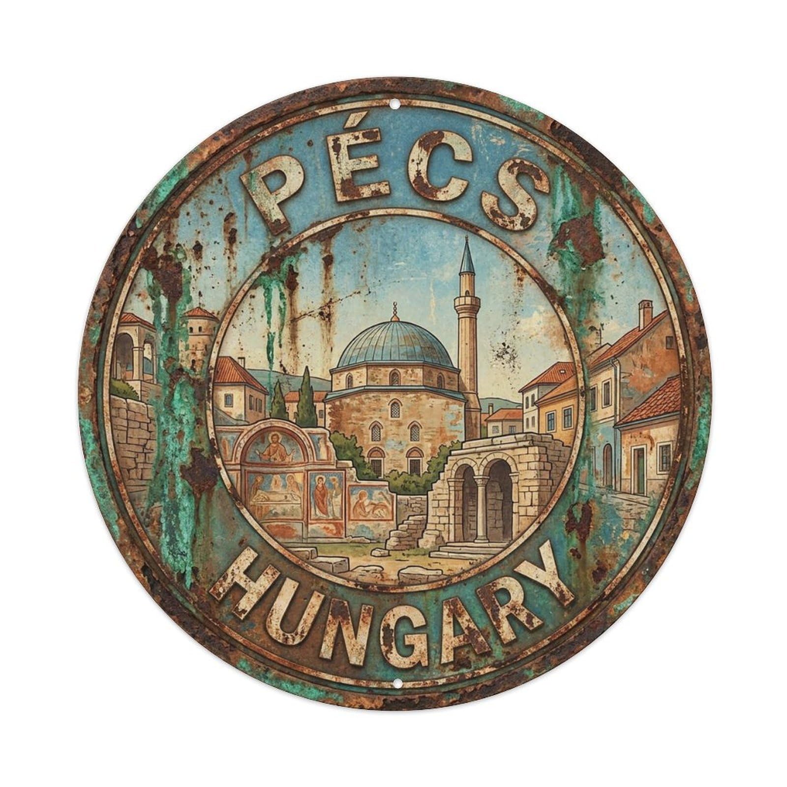 Hungary Vintage Travel Pecs Vintage Metal Tin Sign Plaque Wall Decor for Cafe, Club Bar, Office, Garden Metal Poster 8x8Inch