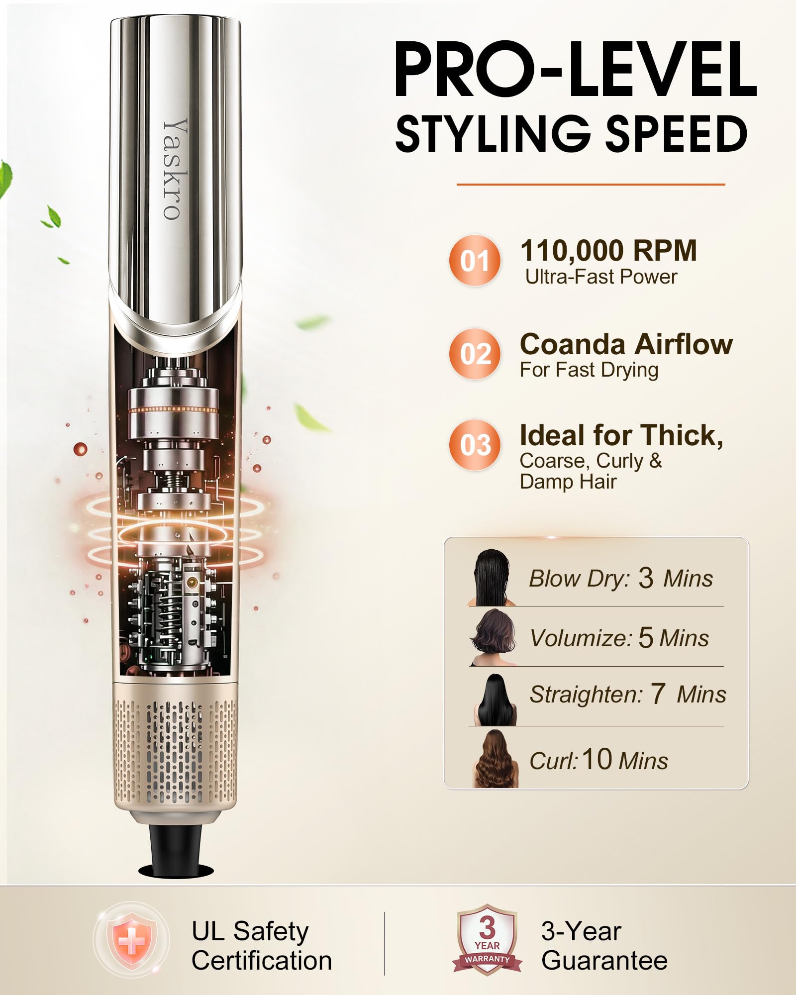 Cepillo secador 6 en 1, cepillo de aire caliente iónico 110.000 RPM con rizadores automáticos, accesorios desmontables y mango giratorio 90° para secar, rizar, alisar y aportar volumen