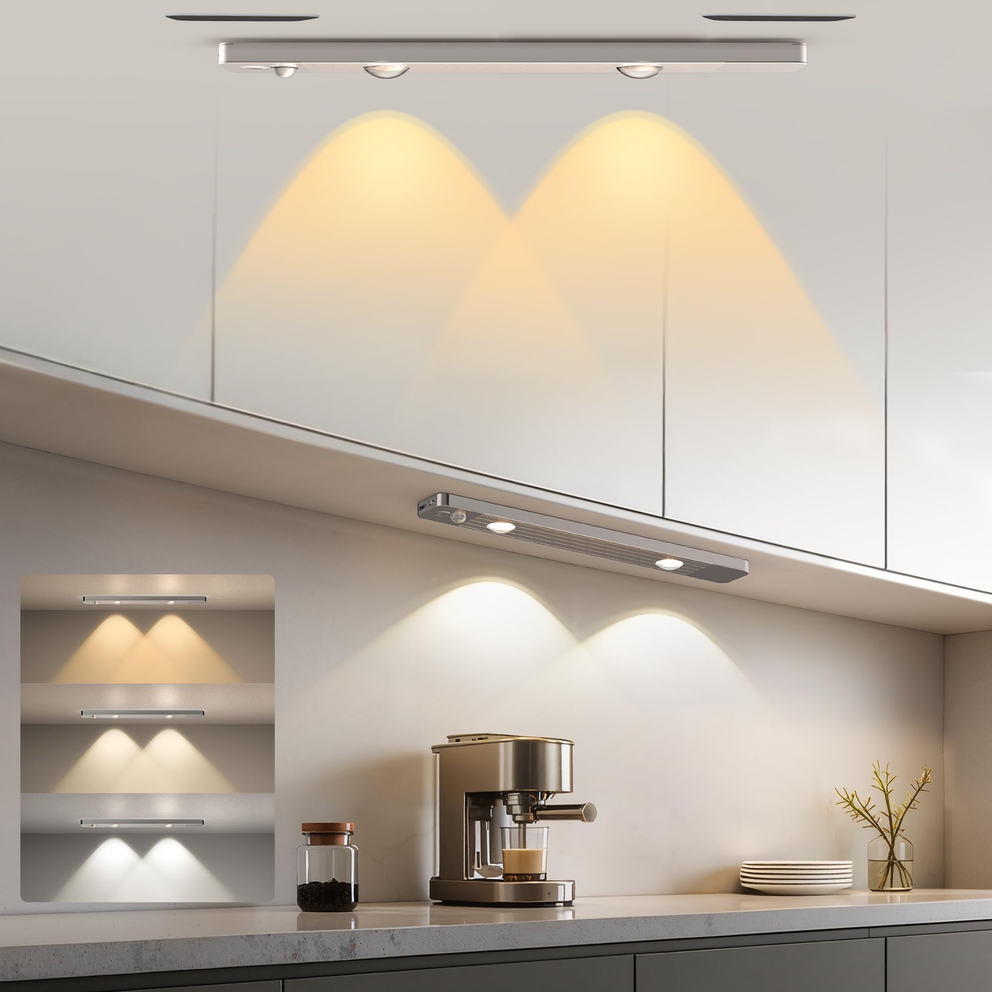 LROLTEF Schrankbeleuchtung Led Lampe mit Bewegungsmelder - 6500K 4000K 3000K 3 Farben Dimmbar Unterbauleuchte Küche - Aufladbar Magnetisch Stimmungslicht für Schrank