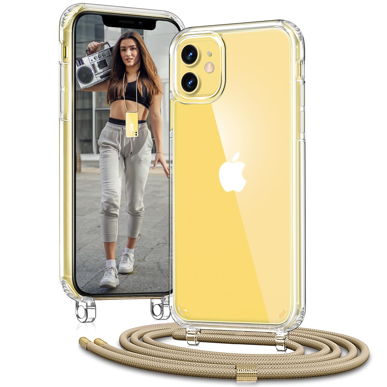 Vaykwo Handykette für Apple iPhone 12 Hülle mit Band und iPhone 12 Pro Hülle mit Band - Necklace Handyhülle - Transparente Case zum Umhängen mit Kameraschutz und Bildschirmschutz - Rosa