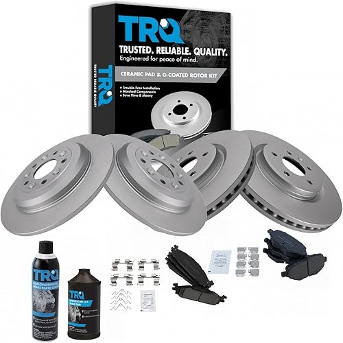 TRQ Posi Ceramic Brake Pad & Coated Rotor Kit Front & Rear Kit w/Chemicals Compatible with 2011-2019 Ford Explorer 2009-2019 Flex 2010-2019 Taurus 2009-2012 Lincoln MKS MKT